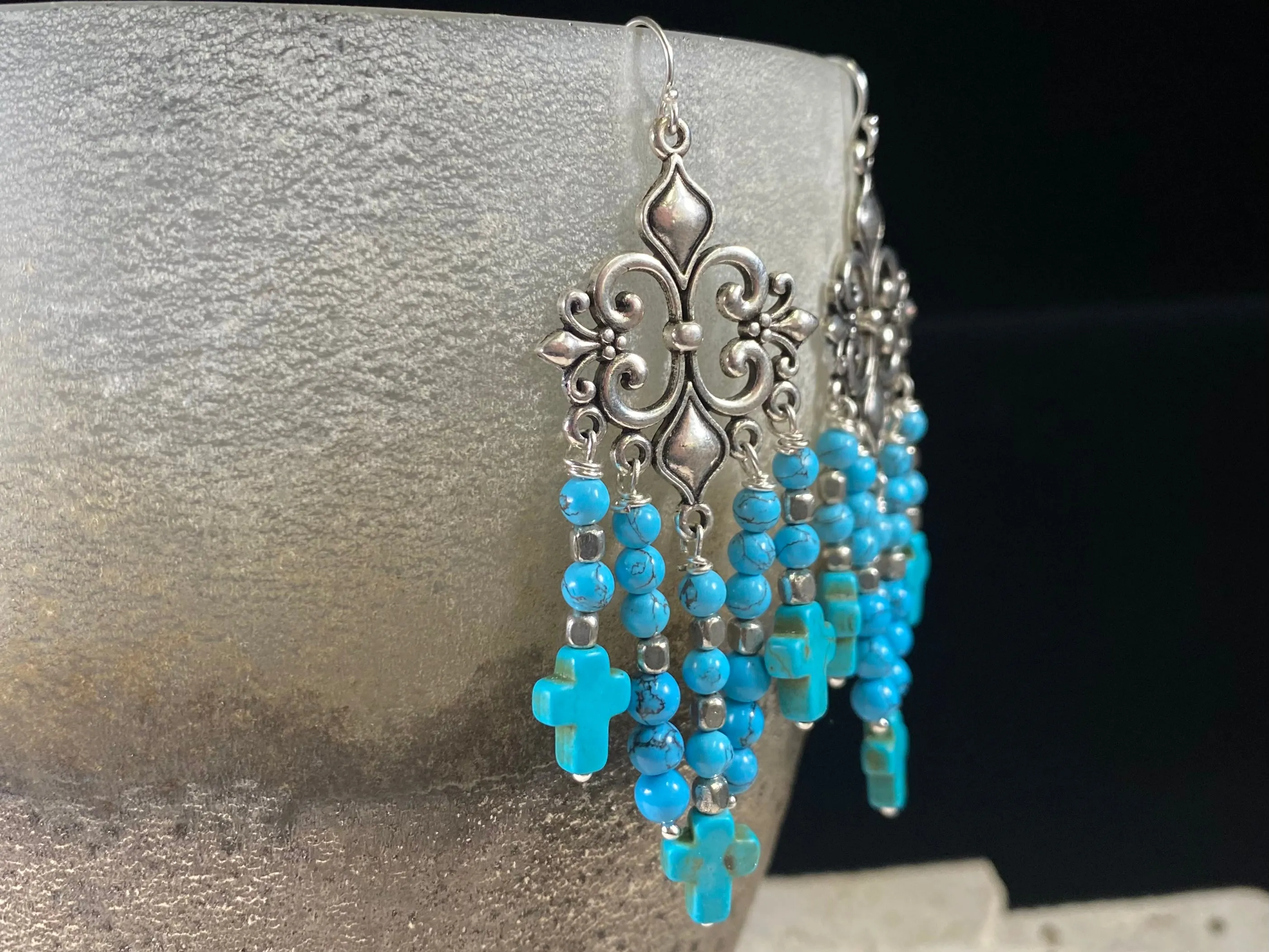 Baroque Turquoise Blue Silver Cross Earrings