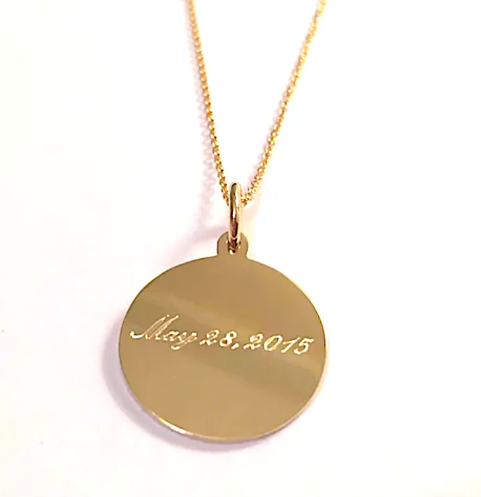 Beautiful Personalized Engraved Gold Circle Pendant and Chain