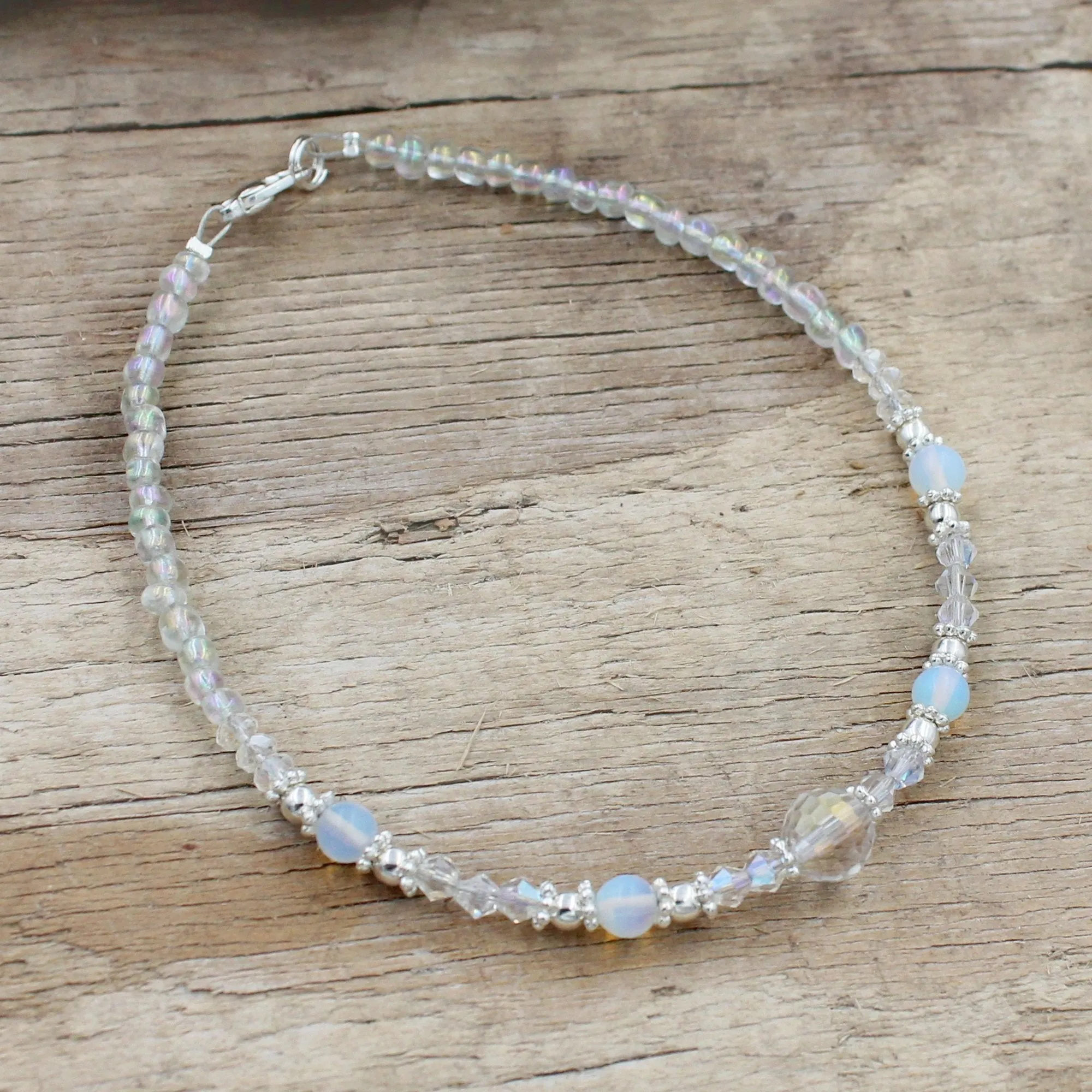 BESHEEK Silvertone Bali Style Moonstone and Clear Crystal bracelet| Handmade Hypoallergenic Boho Beach Gala Wedding Style Jewelry