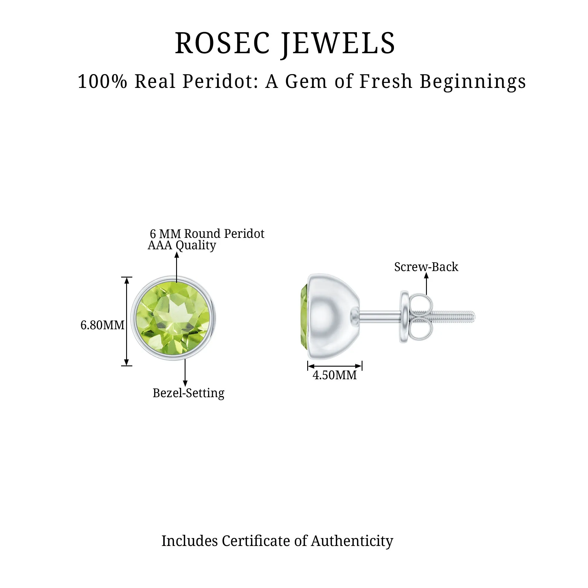 Bezel Set Round Peridot Solitaire Stud Earrings