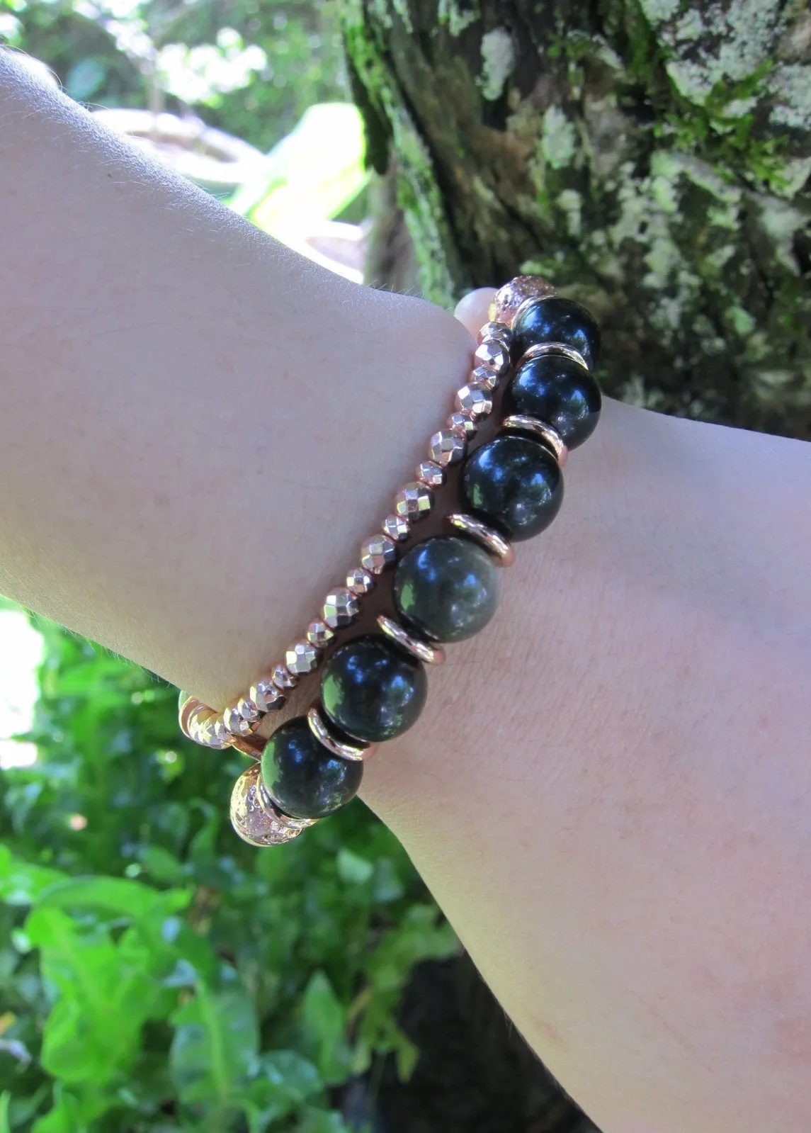 Black Gold Obsidian, Pink Lace Agate, Rose Gold Lotus Charm in 27 Bead Mala Bracelet