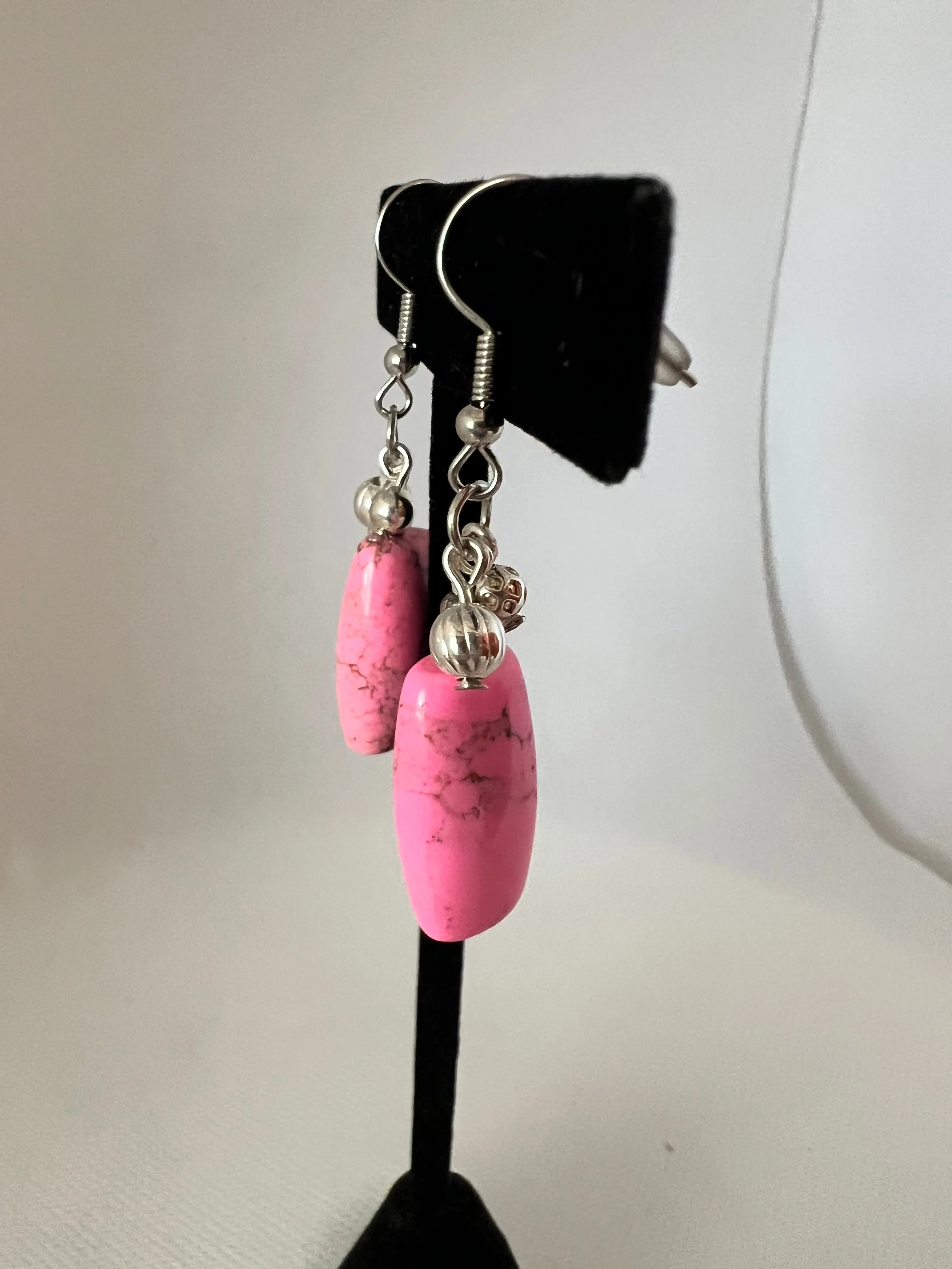 Bright Pink Rectangle Gemstone with Silver Dangles Earrings