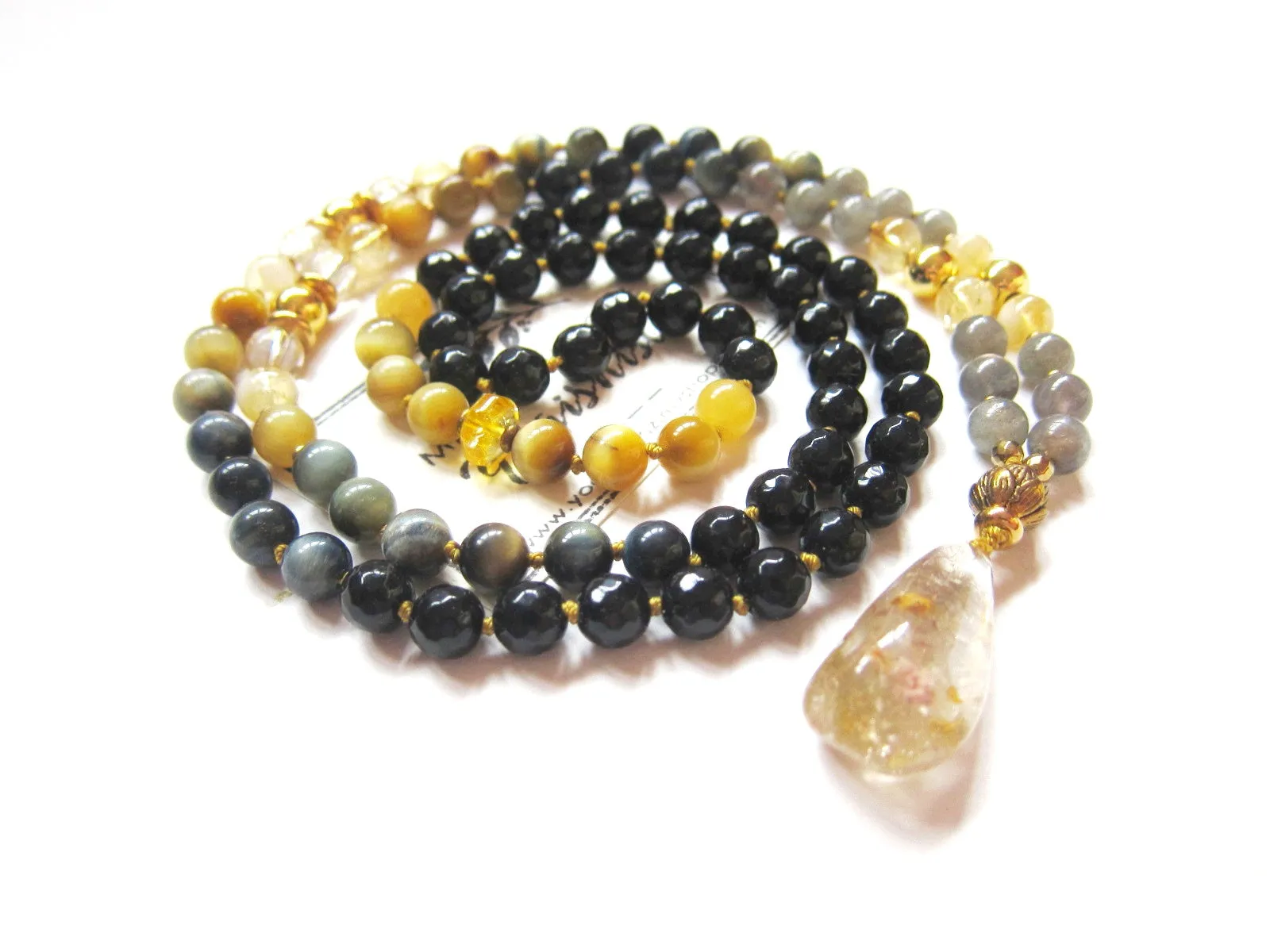 Cats Eye, Honey Mustard Blue Tiger Eye, Citrine, Gold Rutilated Quartz Pendant Necklace