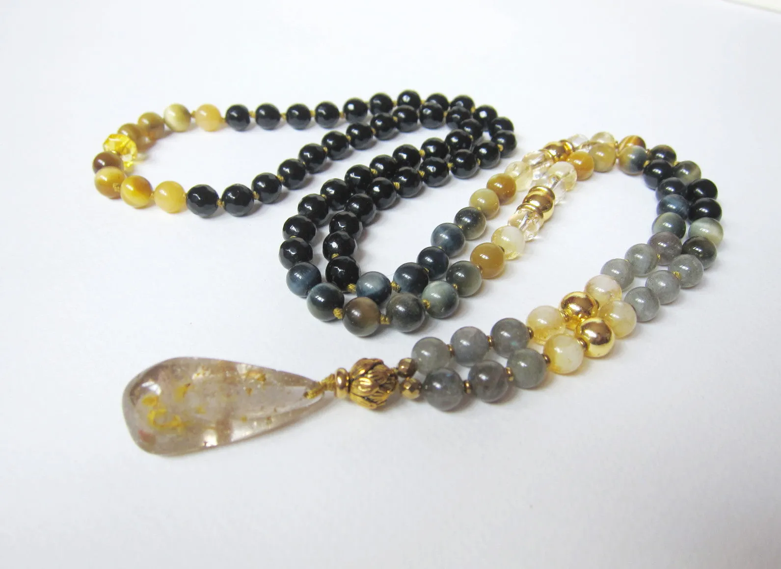 Cats Eye, Honey Mustard Blue Tiger Eye, Citrine, Gold Rutilated Quartz Pendant Necklace