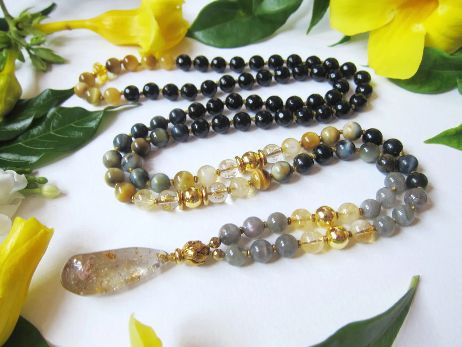 Cats Eye, Honey Mustard Blue Tiger Eye, Citrine, Gold Rutilated Quartz Pendant Necklace