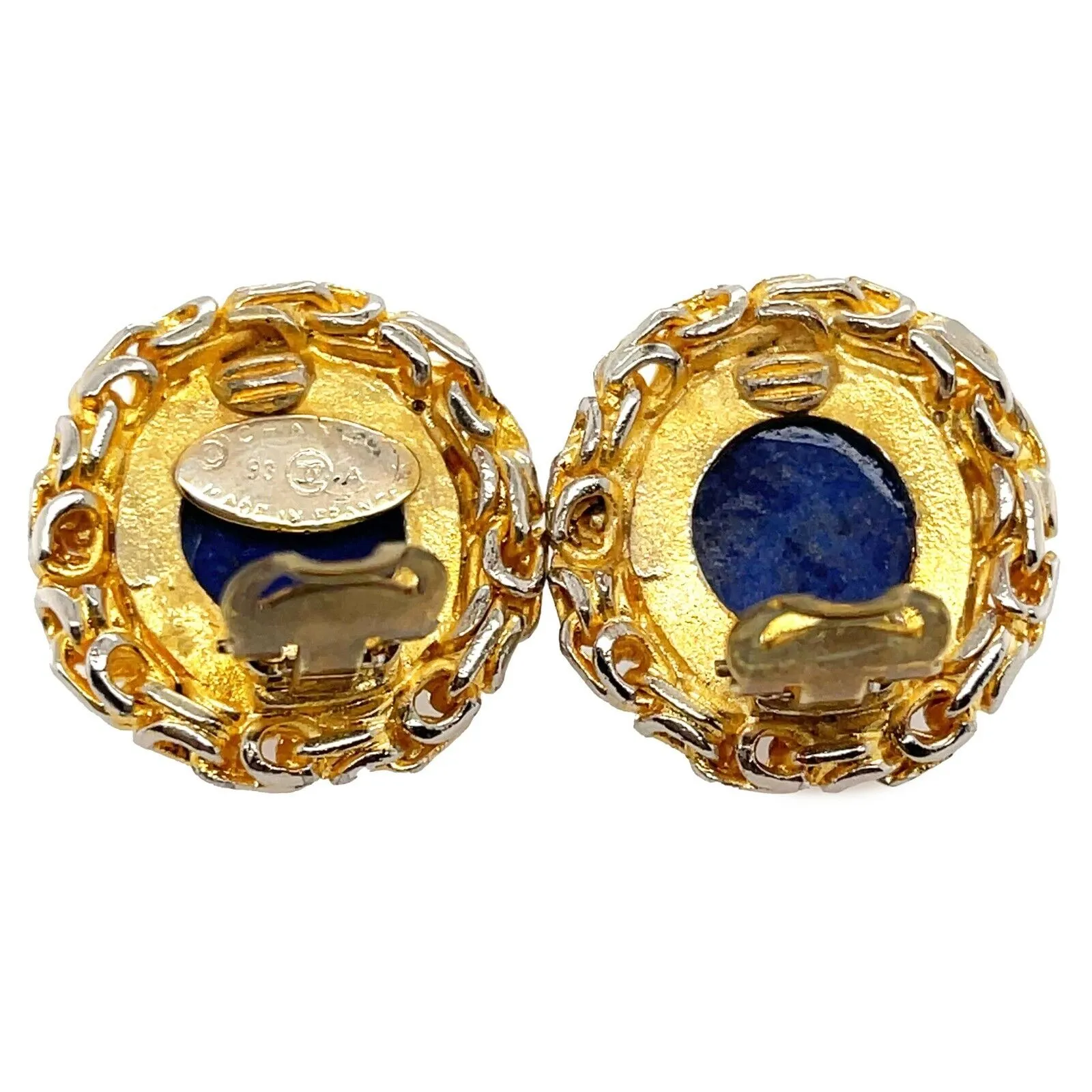 CHANEL - 93A Woven Chain Lapis Lazuli Cabochon Button Earrings Gold / Blue