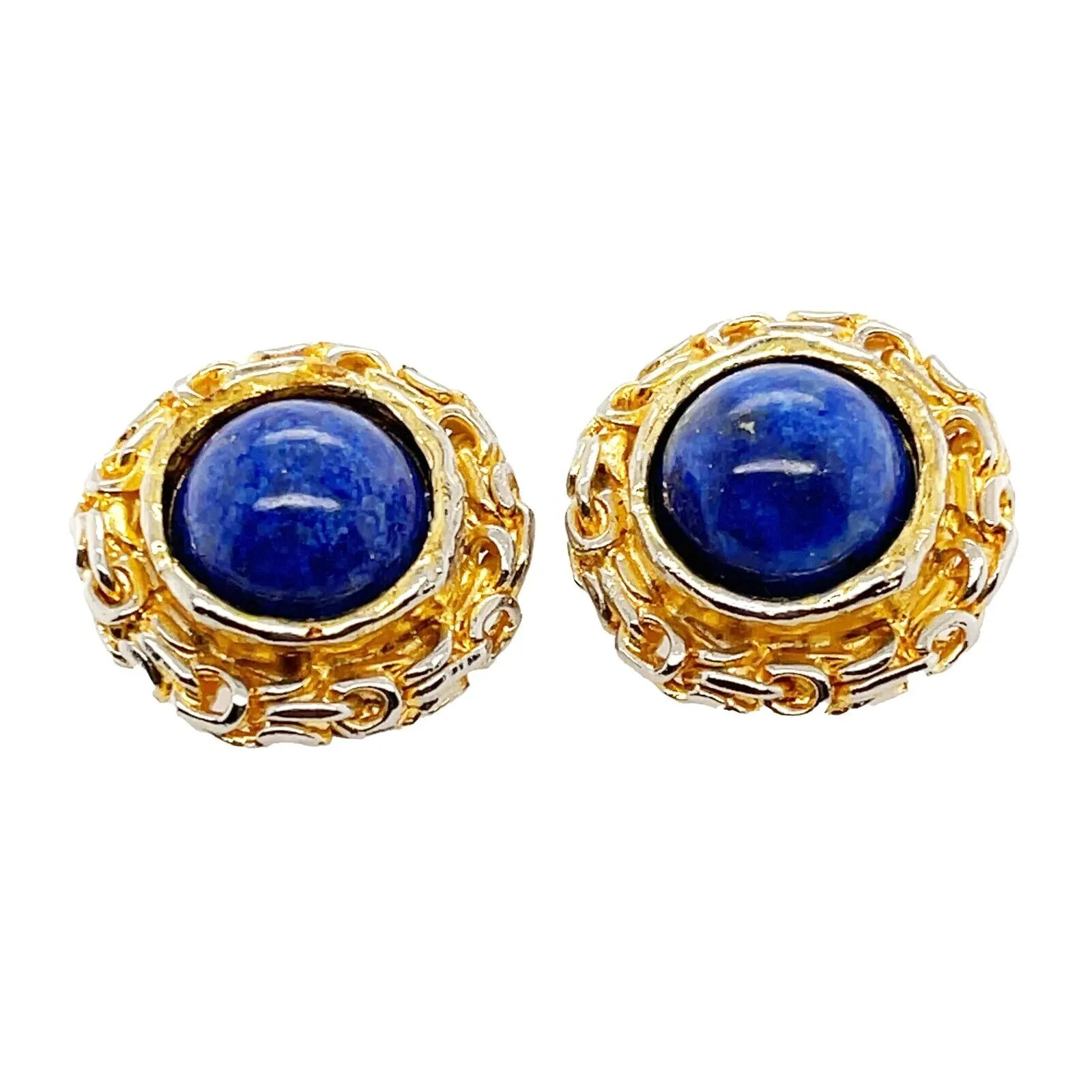 CHANEL - 93A Woven Chain Lapis Lazuli Cabochon Button Earrings Gold / Blue