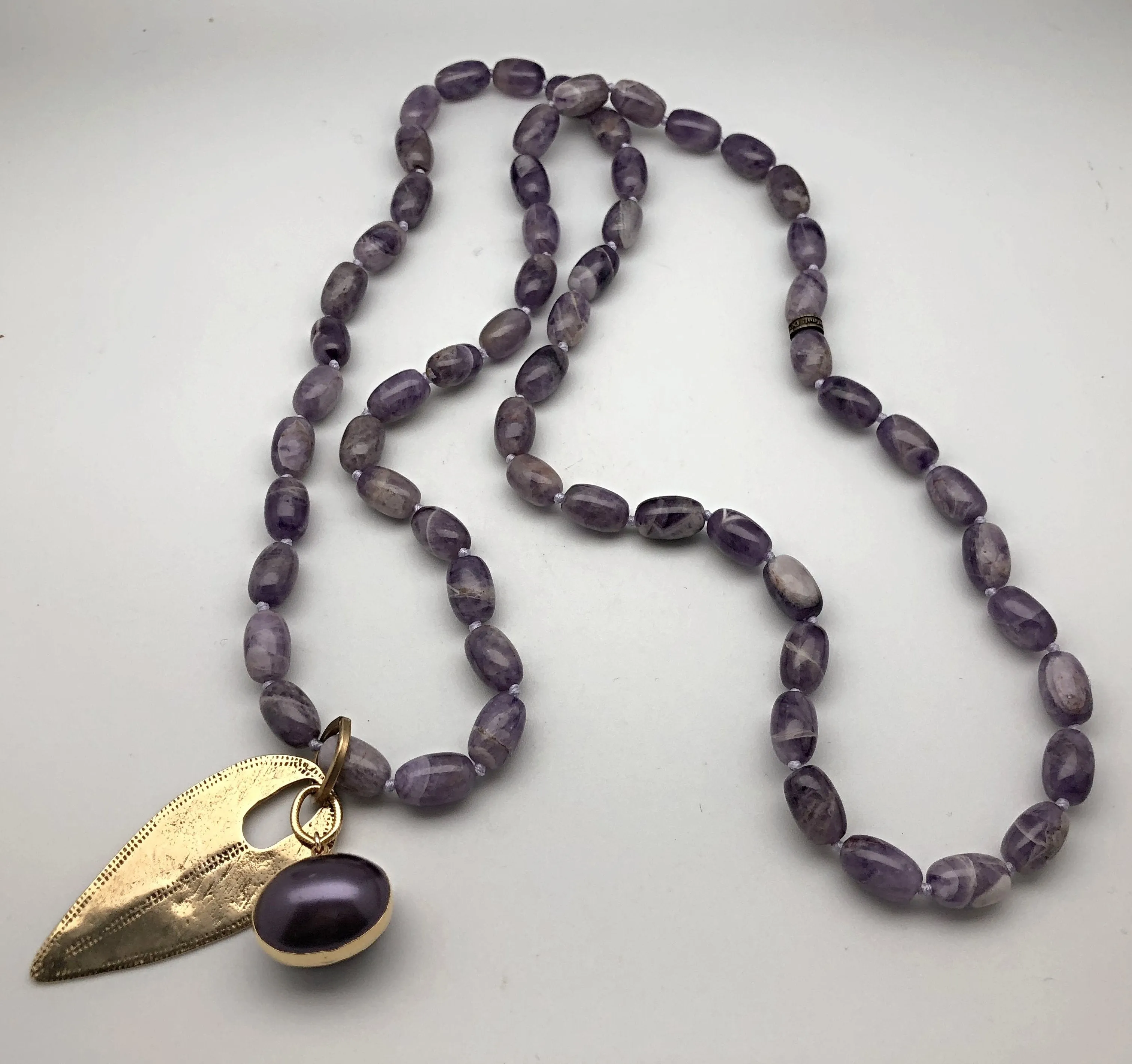 Cheryl Dufault Designs Polished Amethyst Mala with Gold Leaf Charm