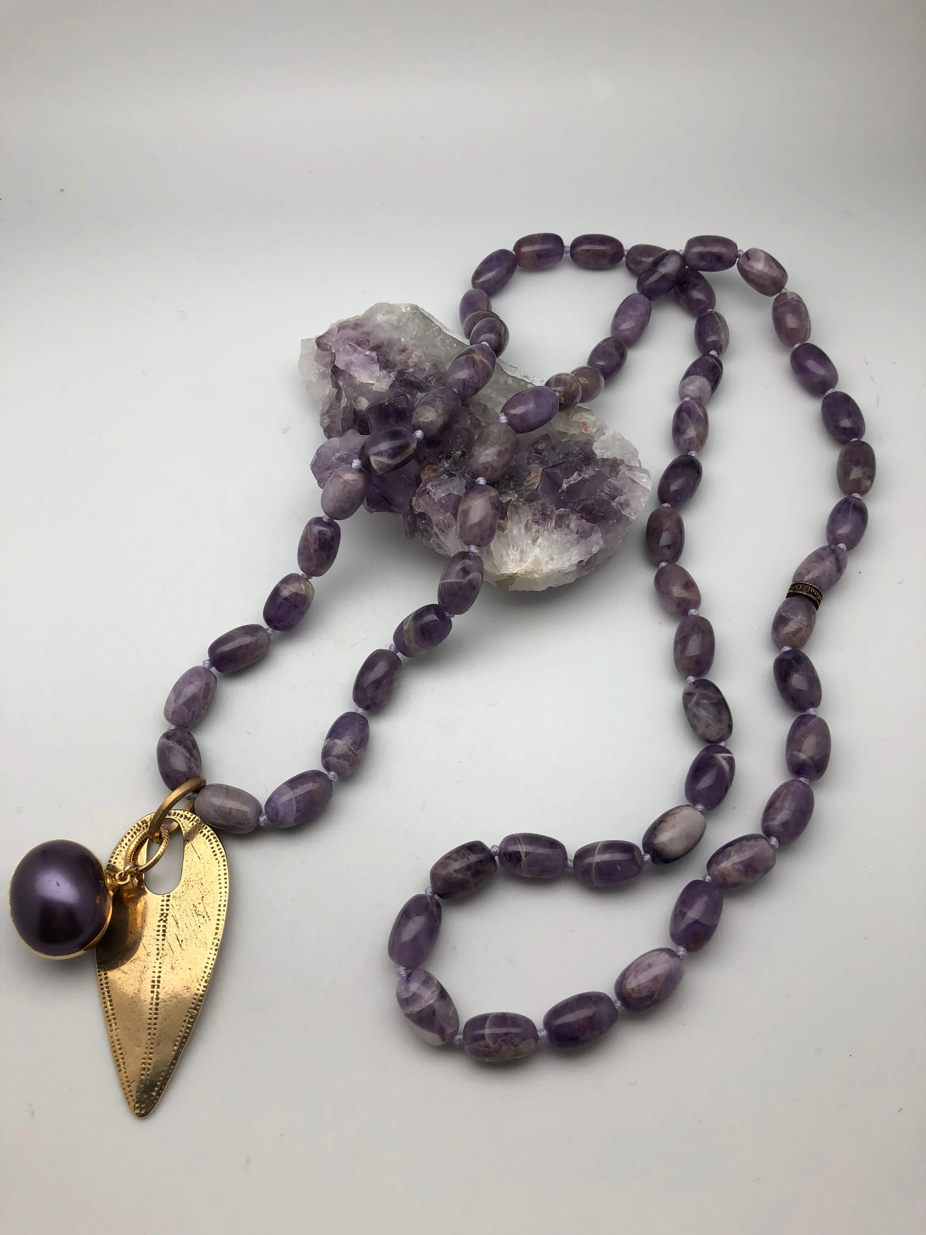 Cheryl Dufault Designs Polished Amethyst Mala with Gold Leaf Charm