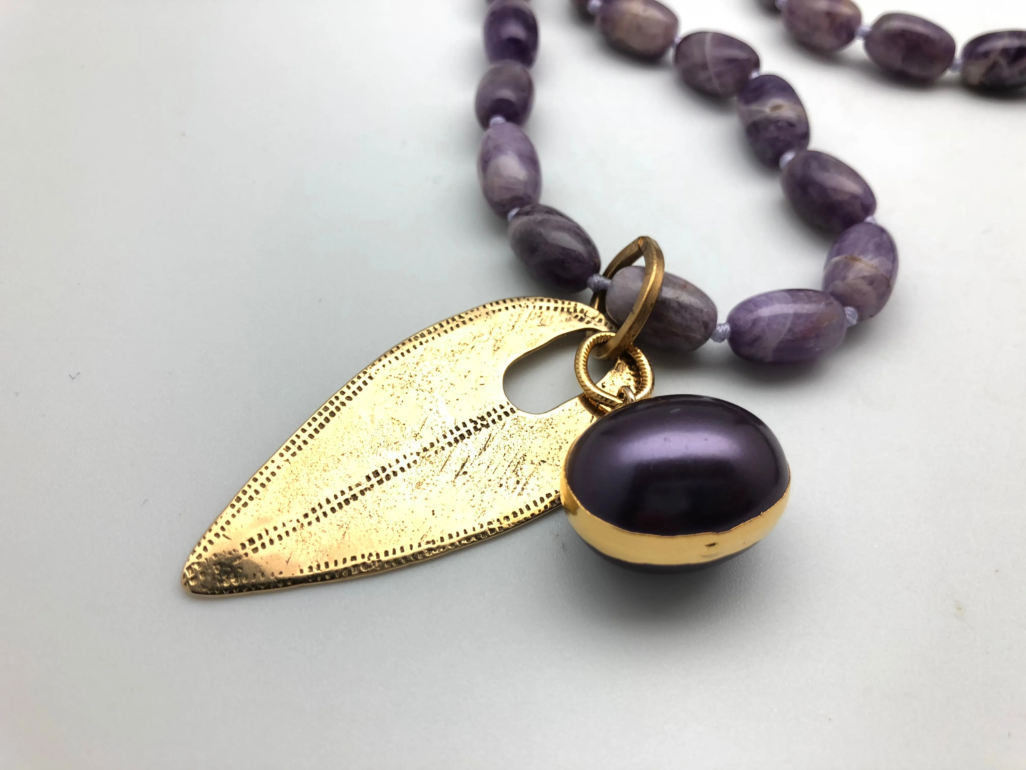 Cheryl Dufault Designs Polished Amethyst Mala with Gold Leaf Charm