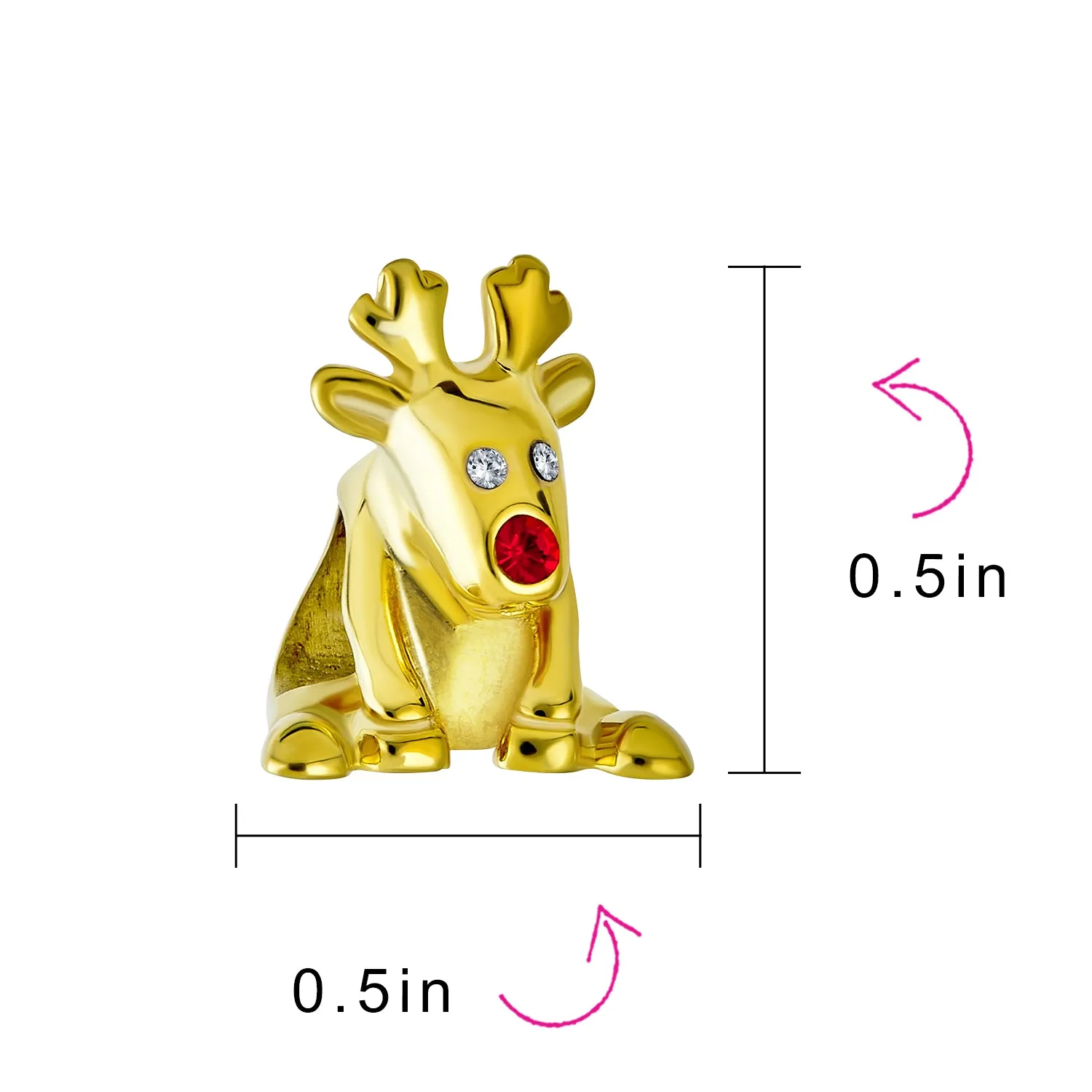 Christmas Charm Bead Caribou Elk Reindeer Red Nose 14K Gold Plated for Bracelet