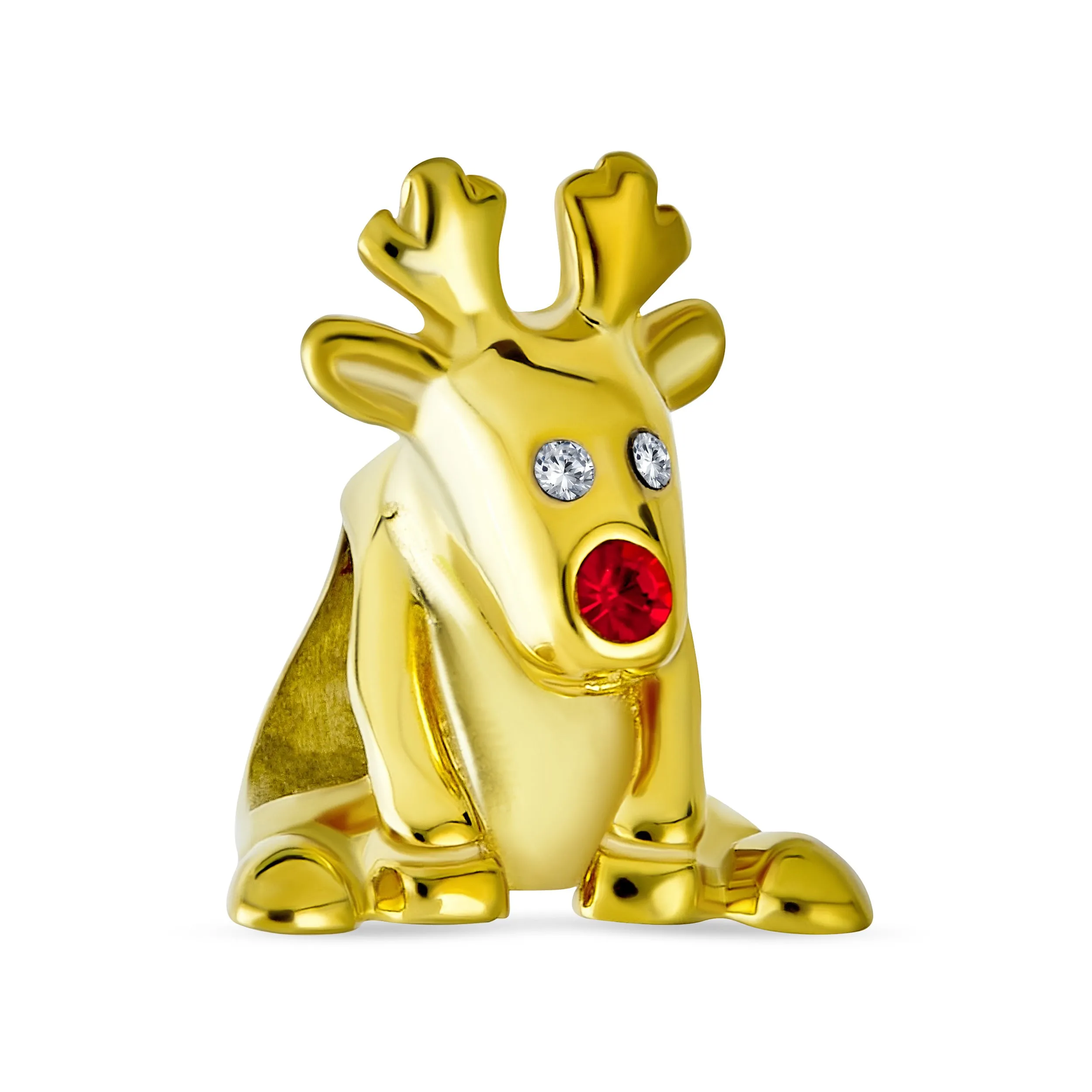 Christmas Charm Bead Caribou Elk Reindeer Red Nose 14K Gold Plated for Bracelet