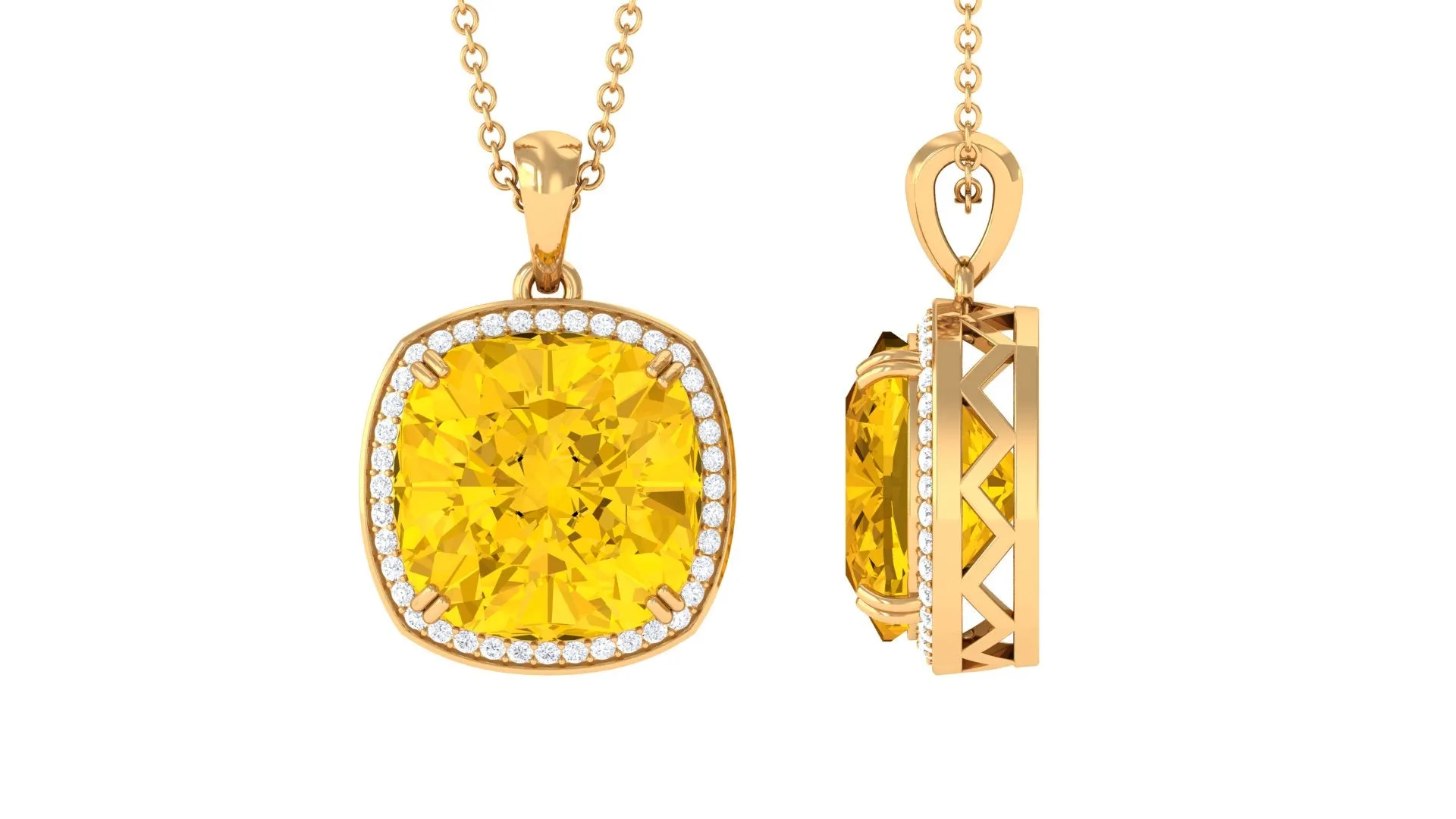 Classic Created Yellow Sapphire and Moissanite Halo Pendant Necklace