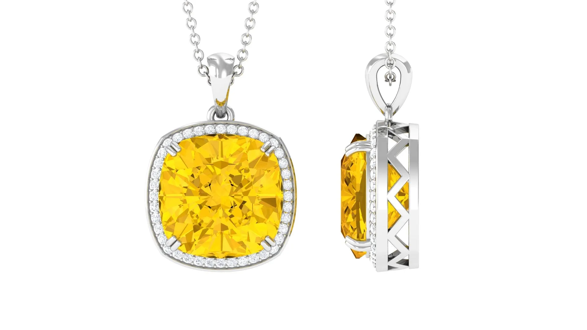 Classic Created Yellow Sapphire and Moissanite Halo Pendant Necklace