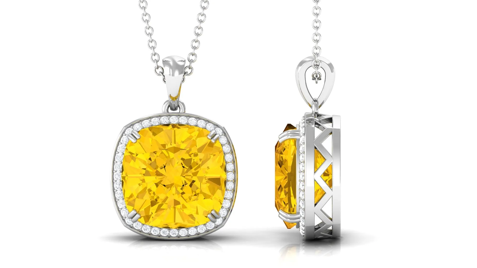 Classic Created Yellow Sapphire and Moissanite Halo Pendant Necklace