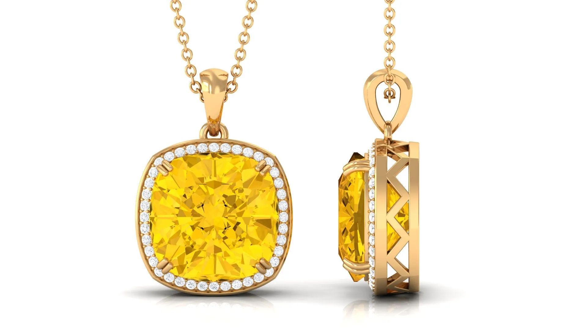 Classic Created Yellow Sapphire and Moissanite Halo Pendant Necklace