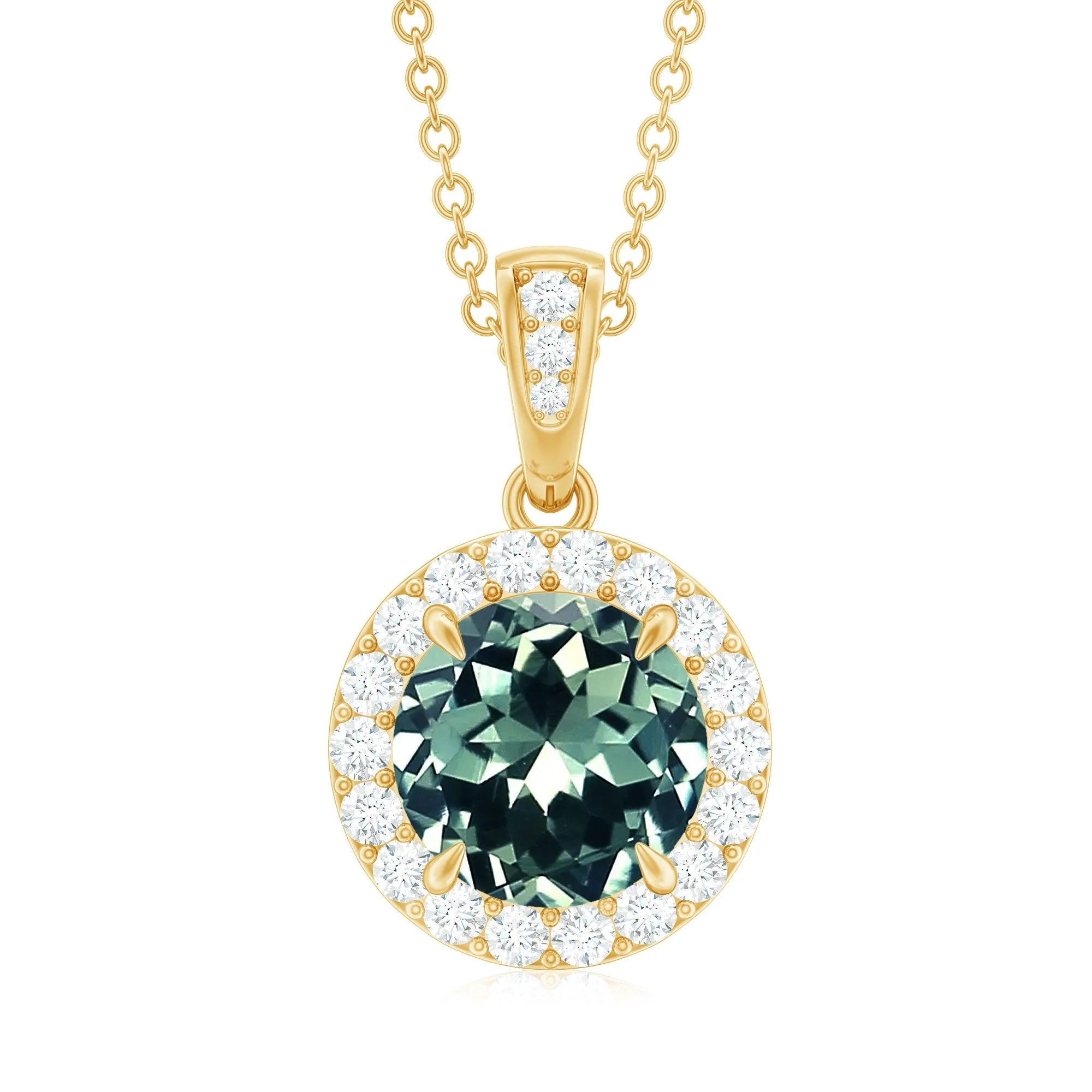 Created Green Sapphire and Moissanite Halo Pendant Necklace