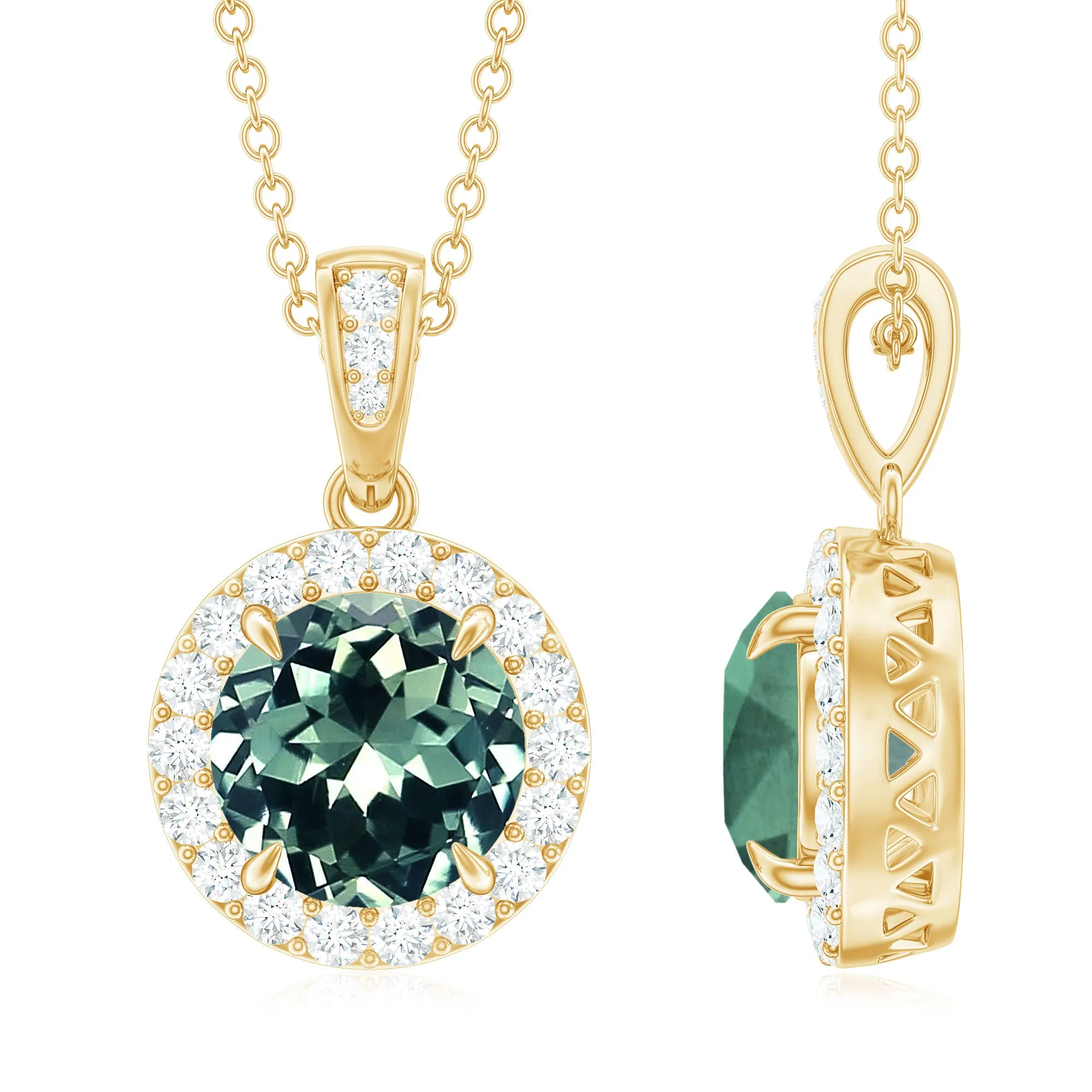 Created Green Sapphire and Moissanite Halo Pendant Necklace