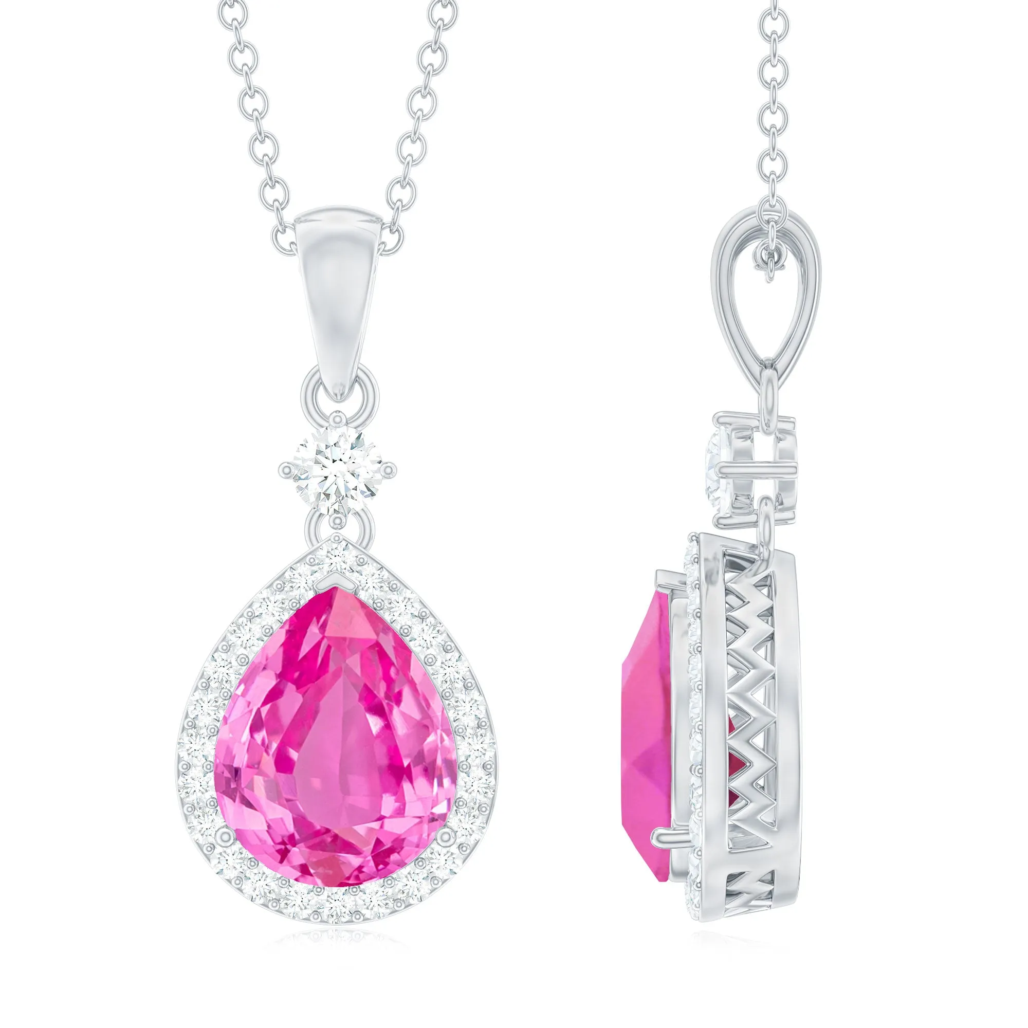 Created Pink Sapphire Teardrop Pendant Necklace With Diamond Halo