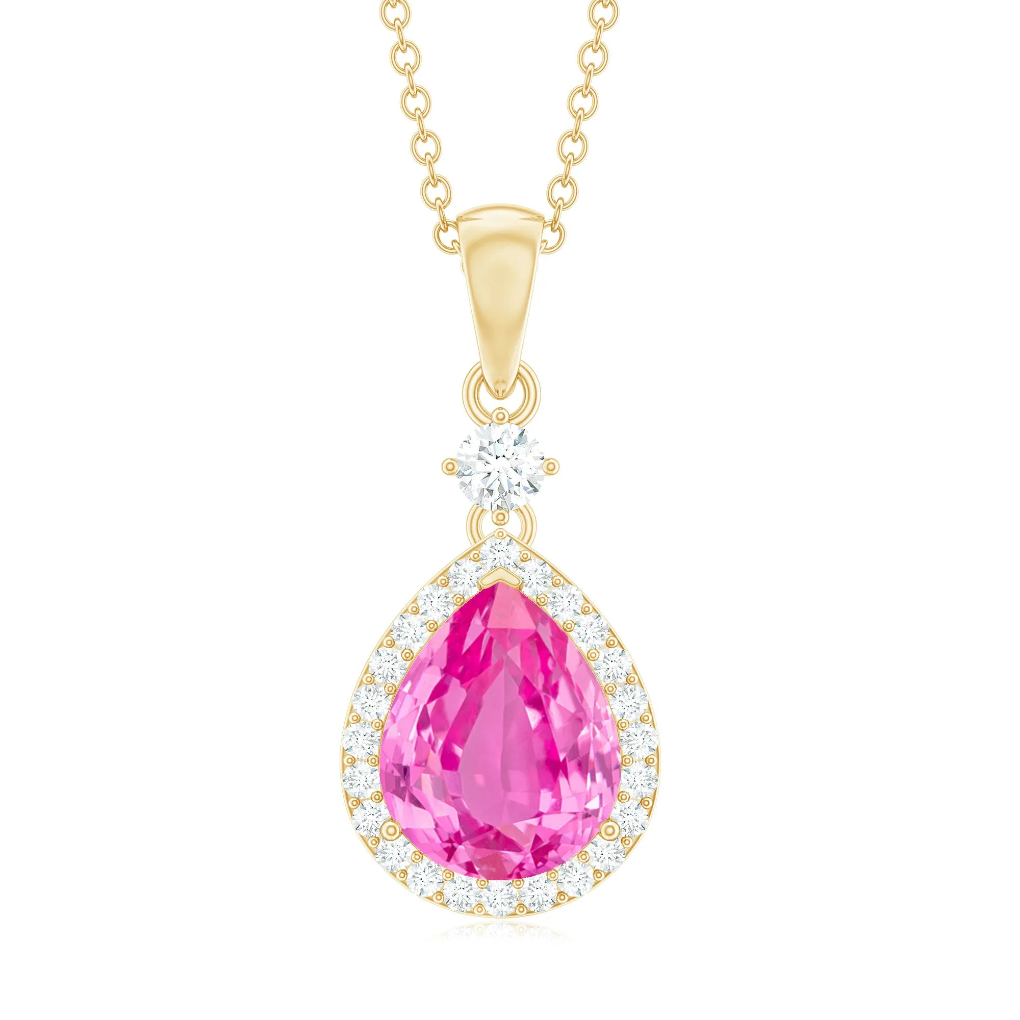 Created Pink Sapphire Teardrop Pendant Necklace With Diamond Halo