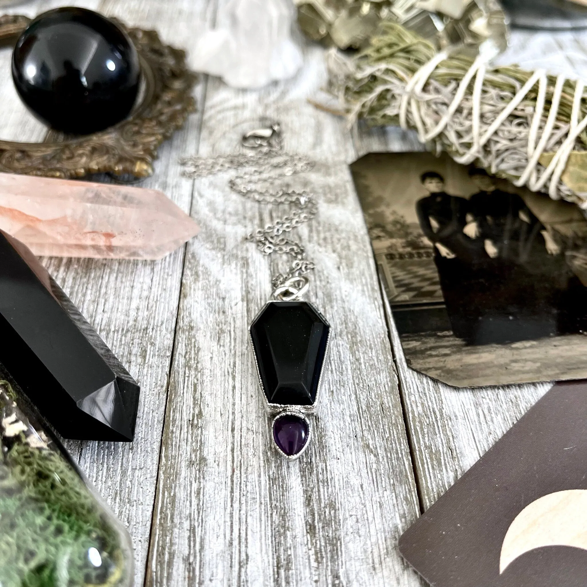 Crystal Coffin Black Onyx and Amethyst Necklace  / Gothic Jewelry