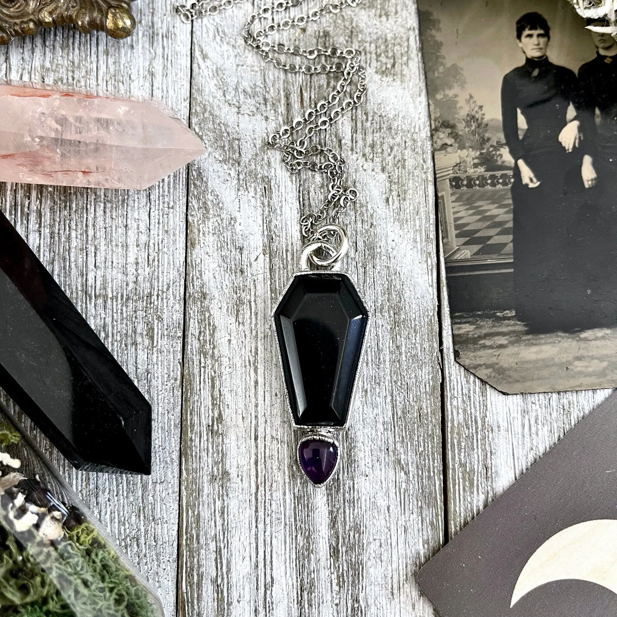 Crystal Coffin Black Onyx and Amethyst Necklace  / Gothic Jewelry