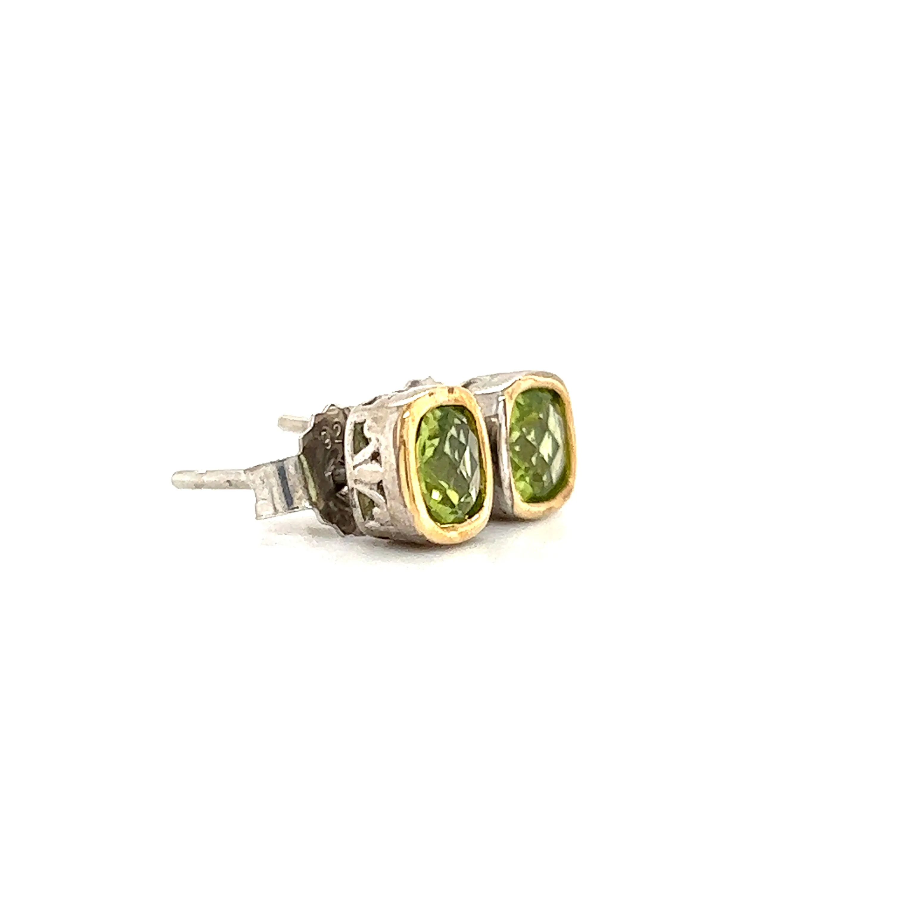 Cushion Peridot Stud Earrings with 14K Yellow Gold Accents in Sterling Silver