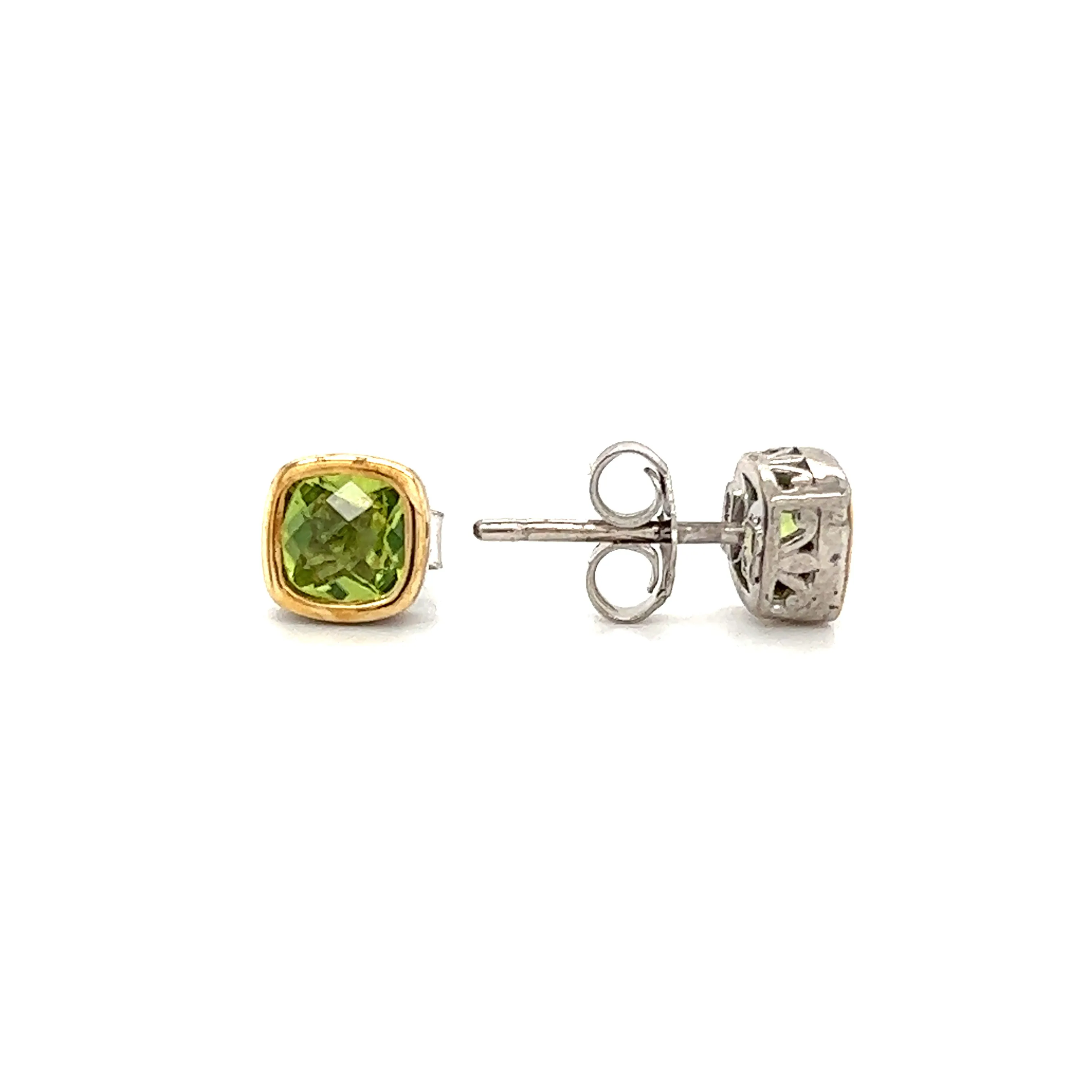 Cushion Peridot Stud Earrings with 14K Yellow Gold Accents in Sterling Silver