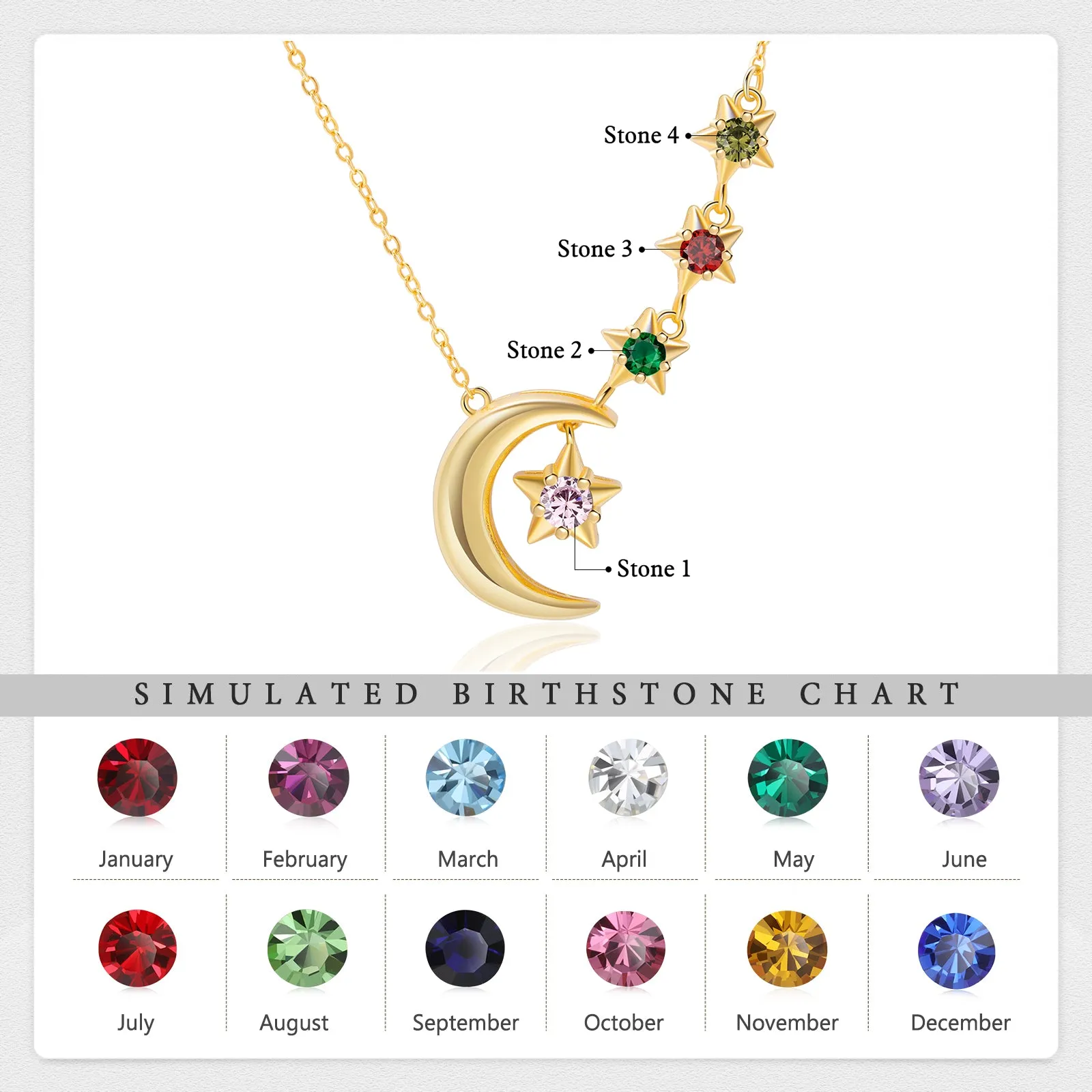 Custom Birthstone Moon and Star Necklace