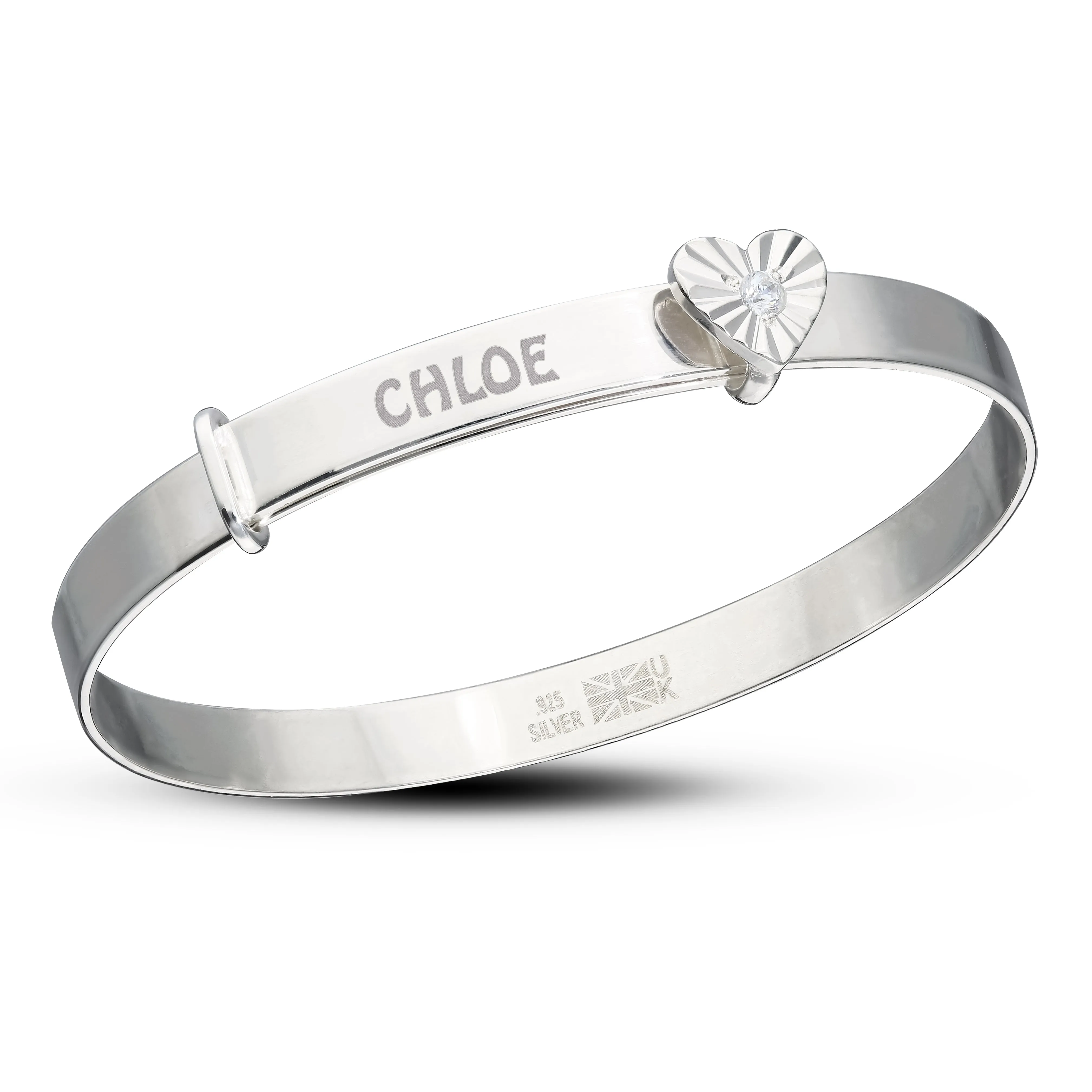 Customised Children's Silver Heart Bangle with Diamond Cut Heart and Birthstone (0-3 years)