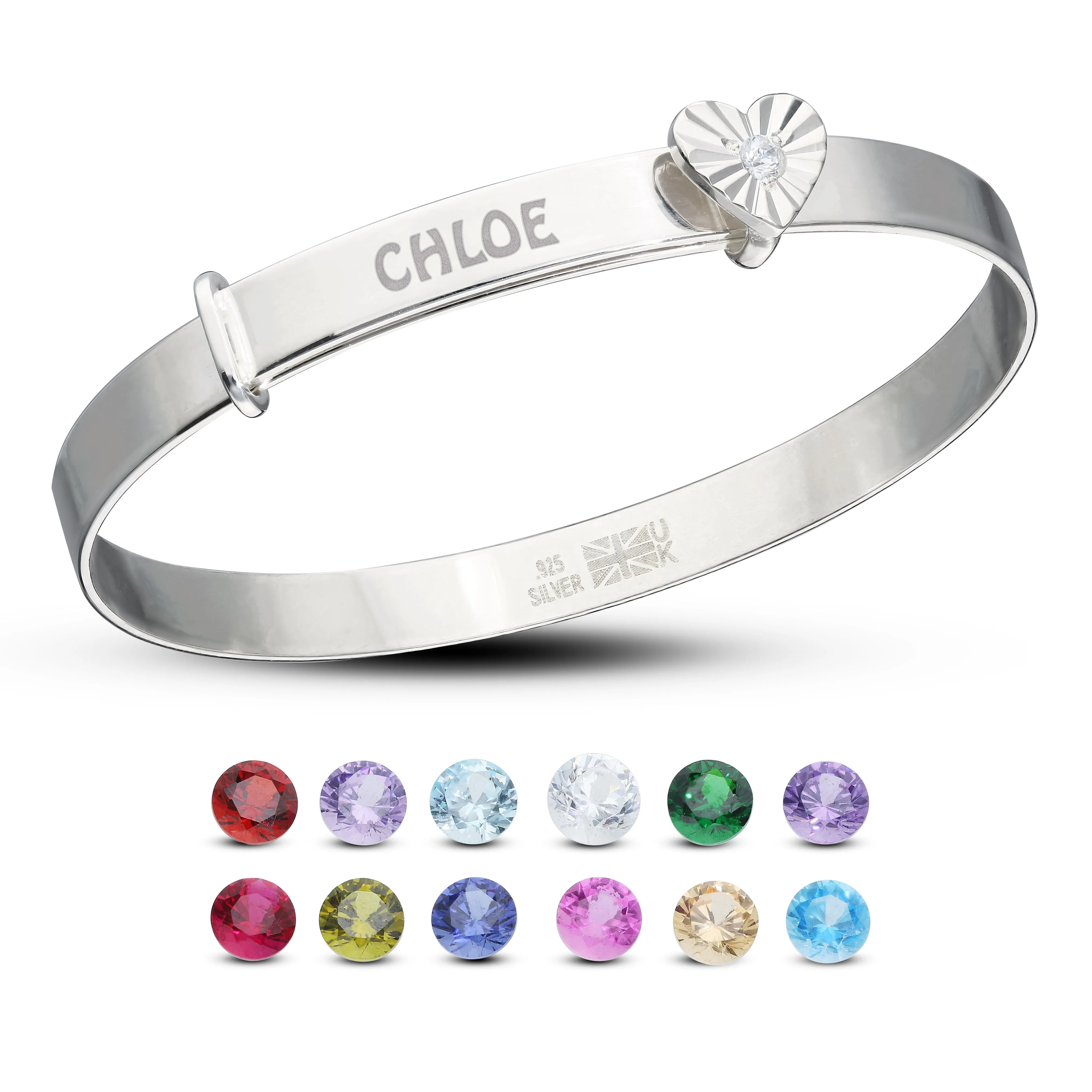 Customised Children's Silver Heart Bangle with Diamond Cut Heart and Birthstone (0-3 years)