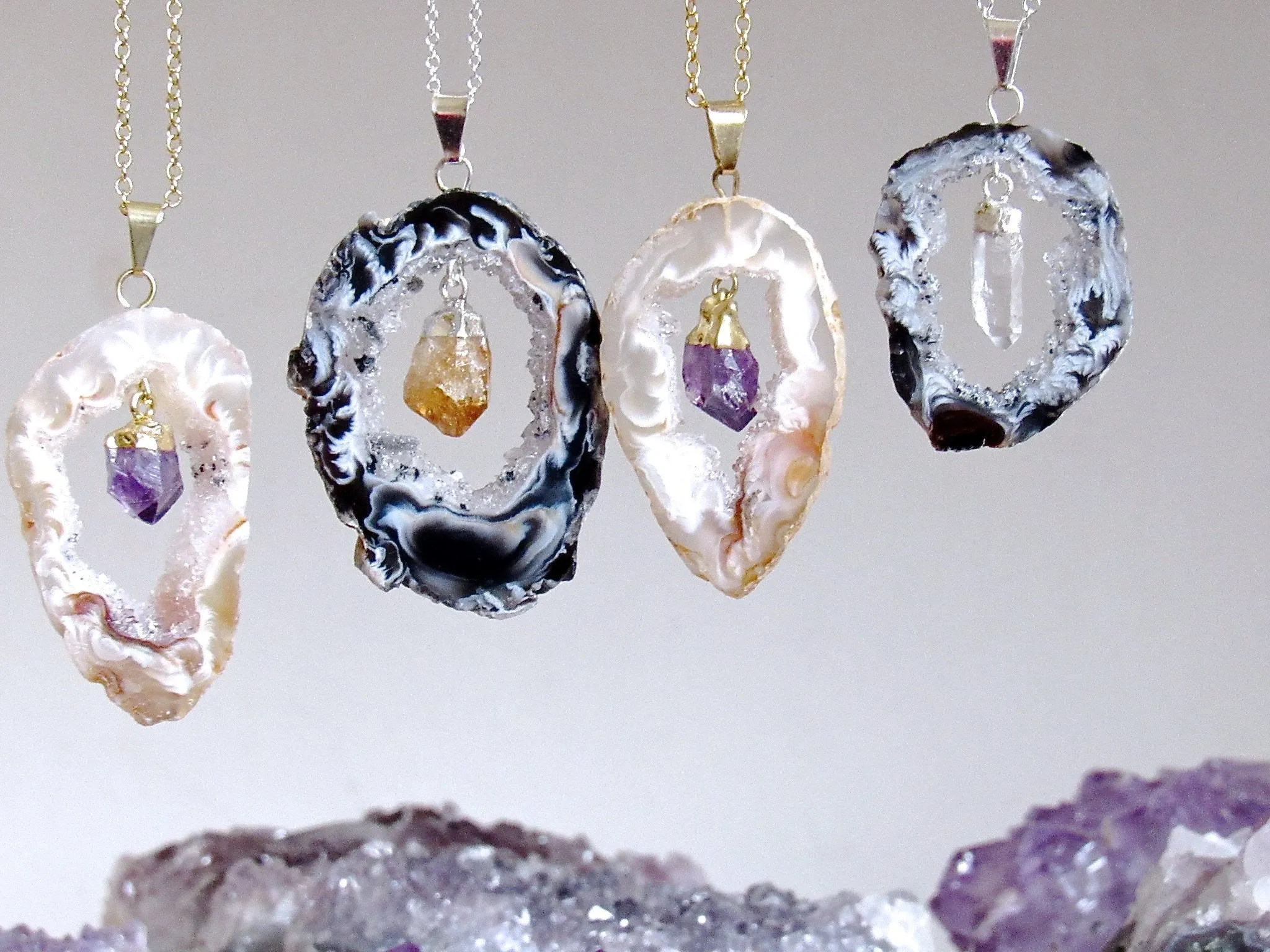 Dangling Amethyst Point Geode Slice Necklaces