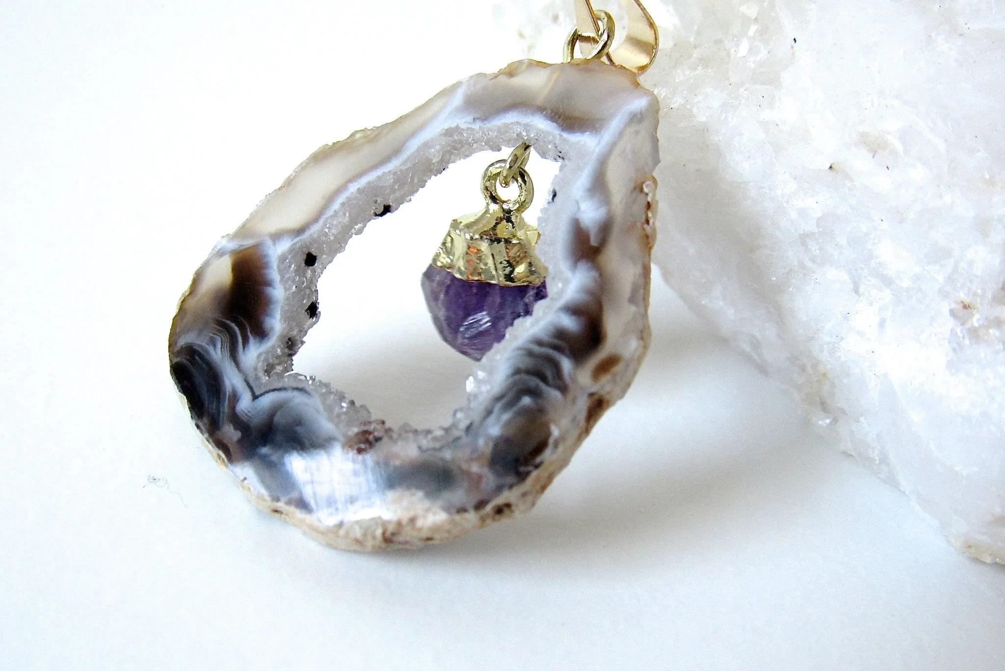 Dangling Amethyst Point Geode Slice Necklaces