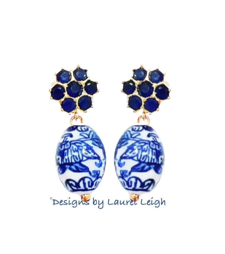 Dark Blue Gemstone Chinoiserie Drop Earrings