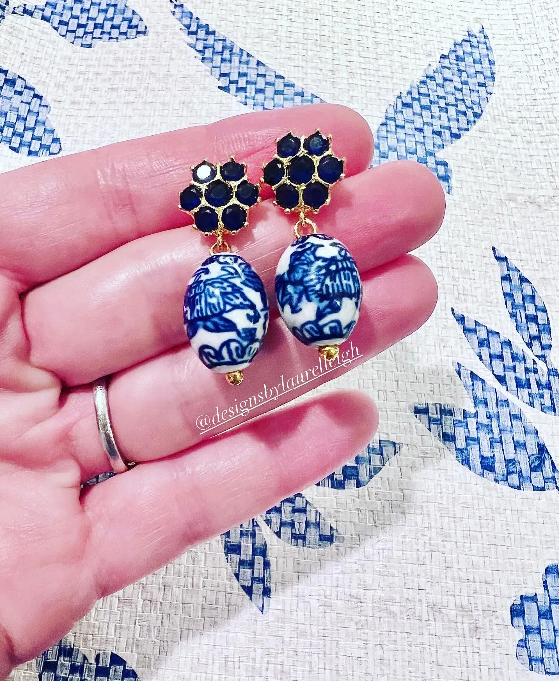 Dark Blue Gemstone Chinoiserie Drop Earrings