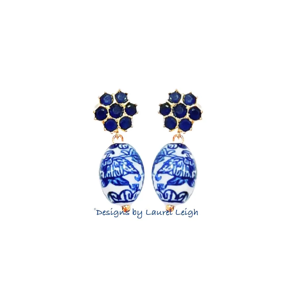 Dark Blue Gemstone Chinoiserie Drop Earrings