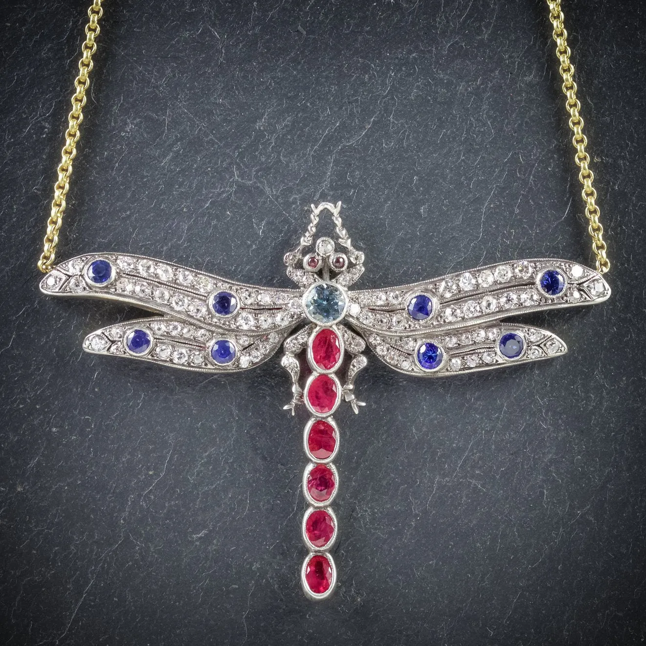 Diamond Dragonfly Pendant Necklace Diamonds Rubies Sapphires Aquamarine