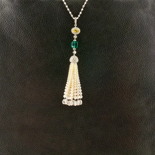 Diamond, Emerald & Pearl Tassel Necklace