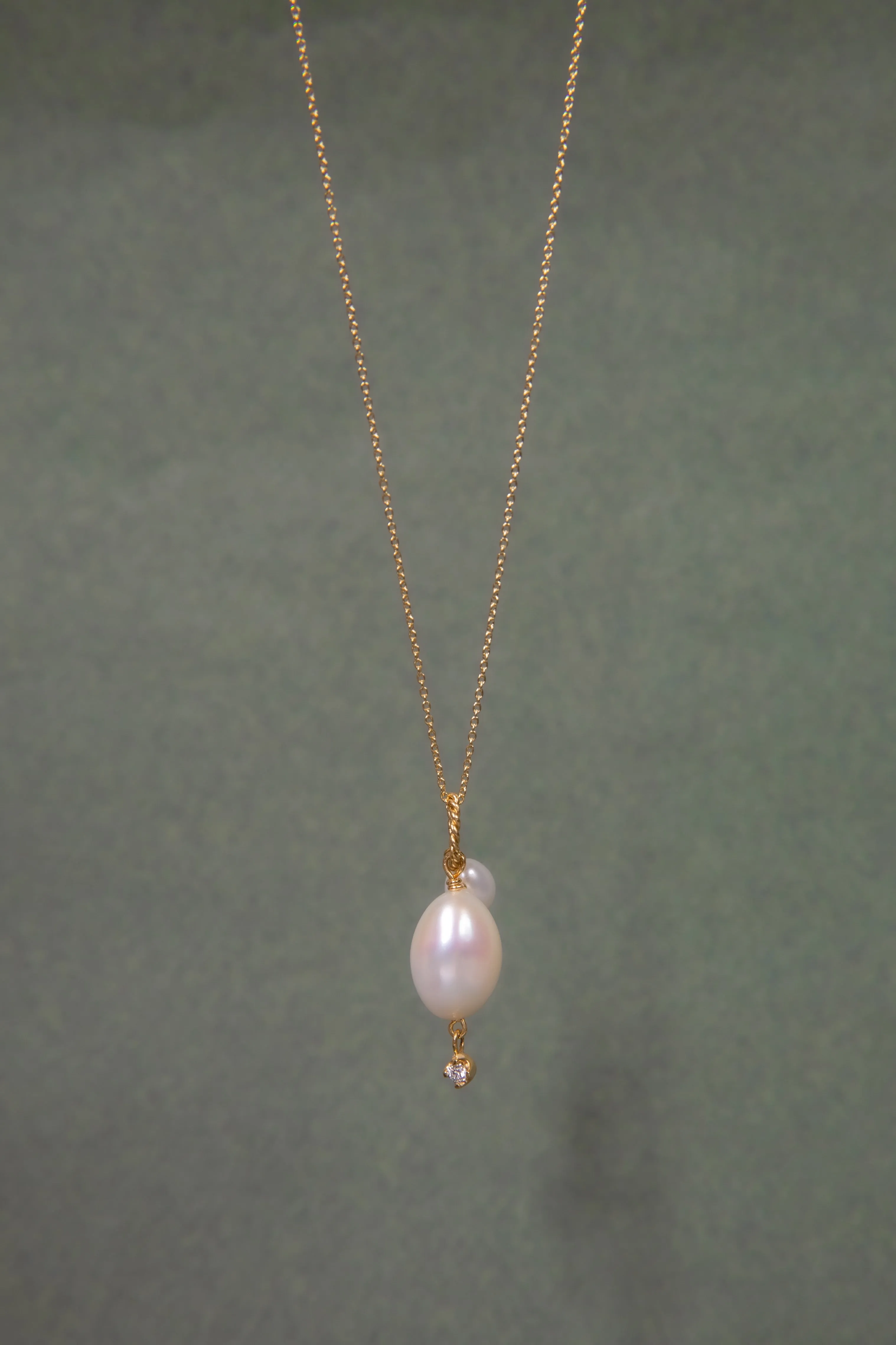 Double Pearls and Diamond Pendant / Necklace, Solid Gold