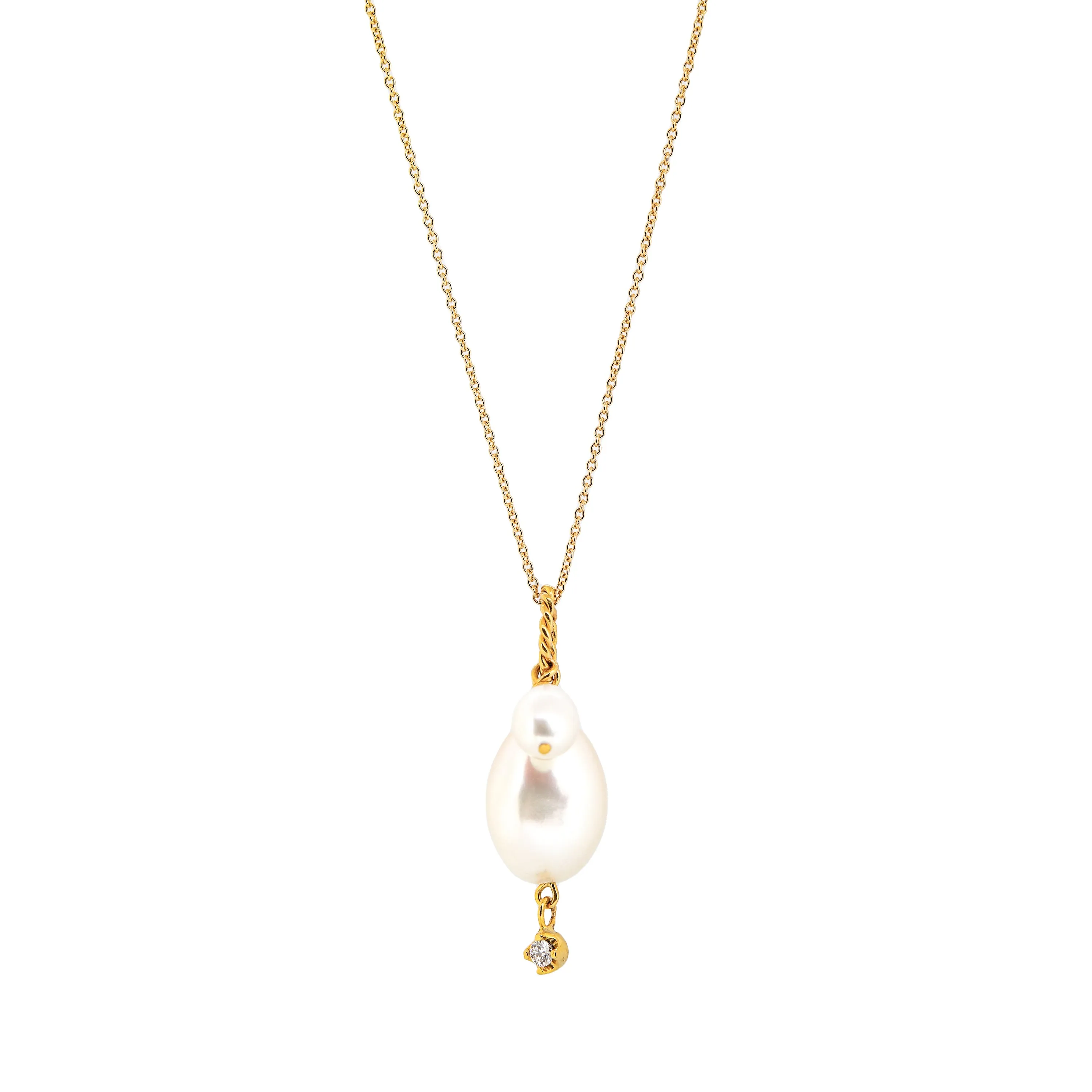 Double Pearls and Diamond Pendant / Necklace, Solid Gold