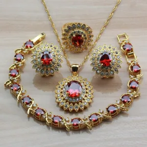 Dubai Yellow Gold Color Big Jewelry Sets Wedding Accessories Women Red Garnet Zircon Clip Earring And Necklace Bridal Sets