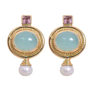 Earring-Chalcedony, Tourmaline & Pearl in 18K