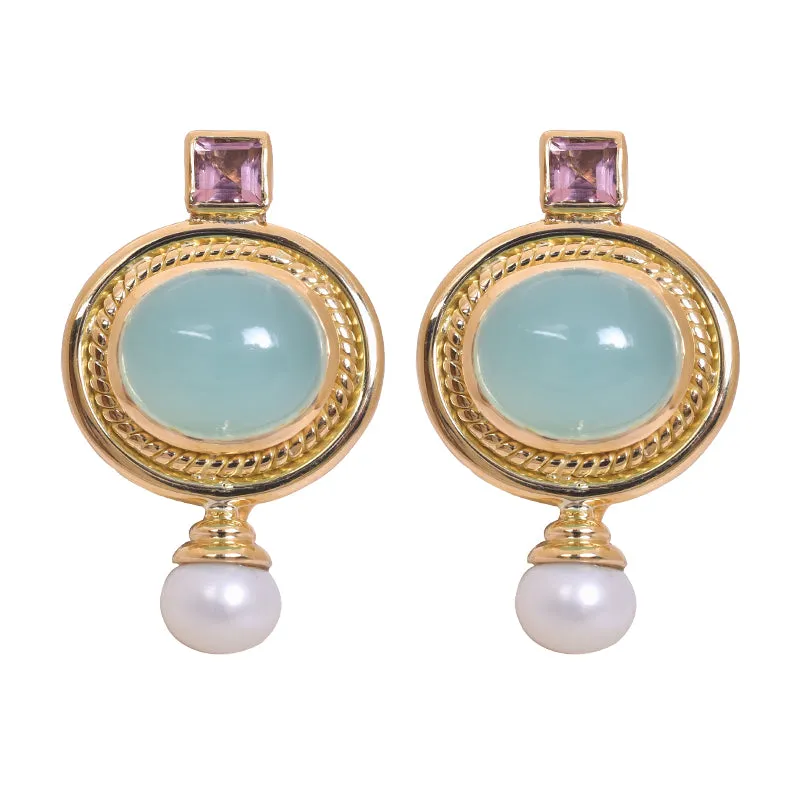 Earring-Chalcedony, Tourmaline & Pearl in 18K