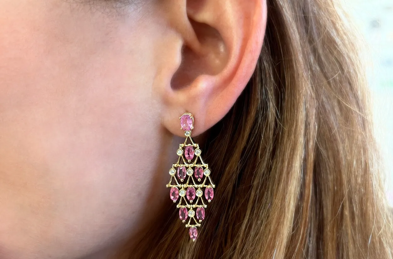 Earrings Oval Pink Sapphire Chandelier & Diamonds