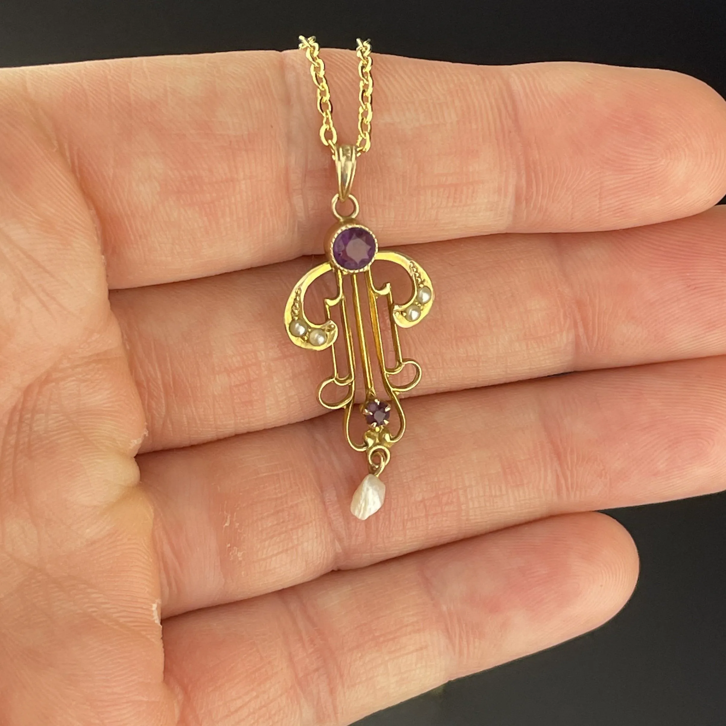 Edwardian Gold Pearl Amethyst Lavaliere Necklace