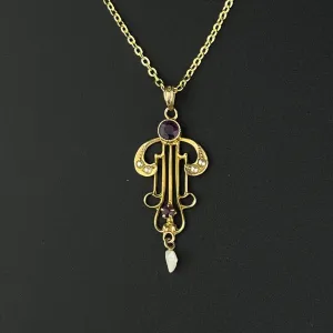 Edwardian Gold Pearl Amethyst Lavaliere Necklace