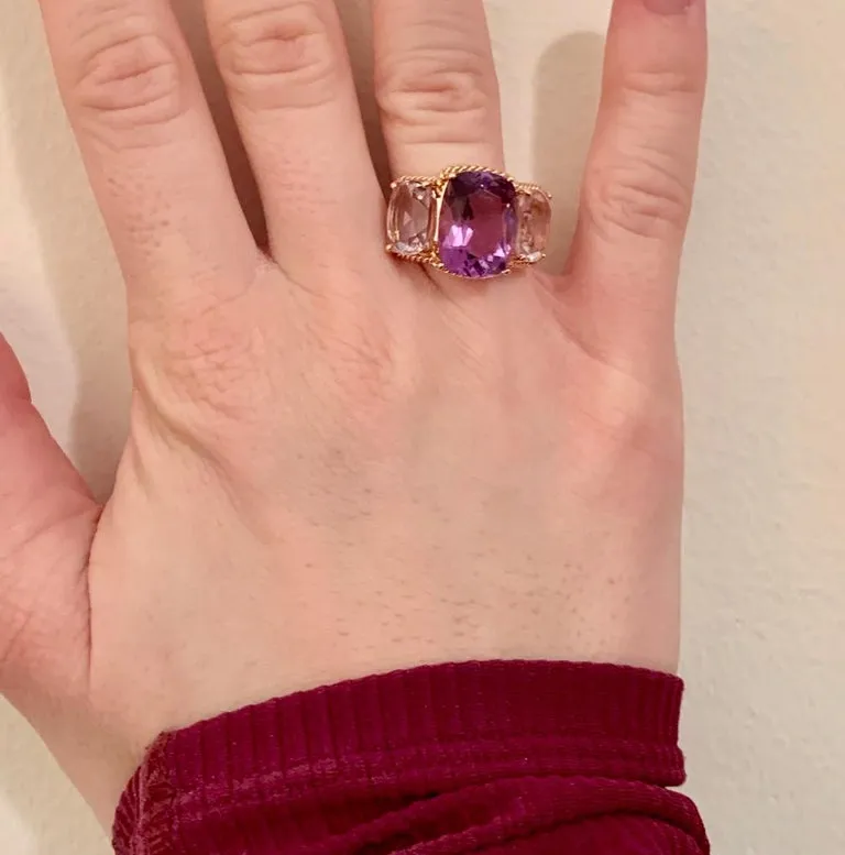 Elegant Three Stone Amethyst Ring with Gold Rope Twist Border