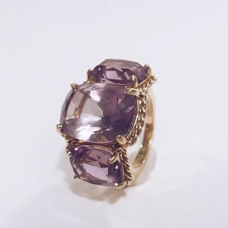 Elegant Three Stone Amethyst Ring with Gold Rope Twist Border