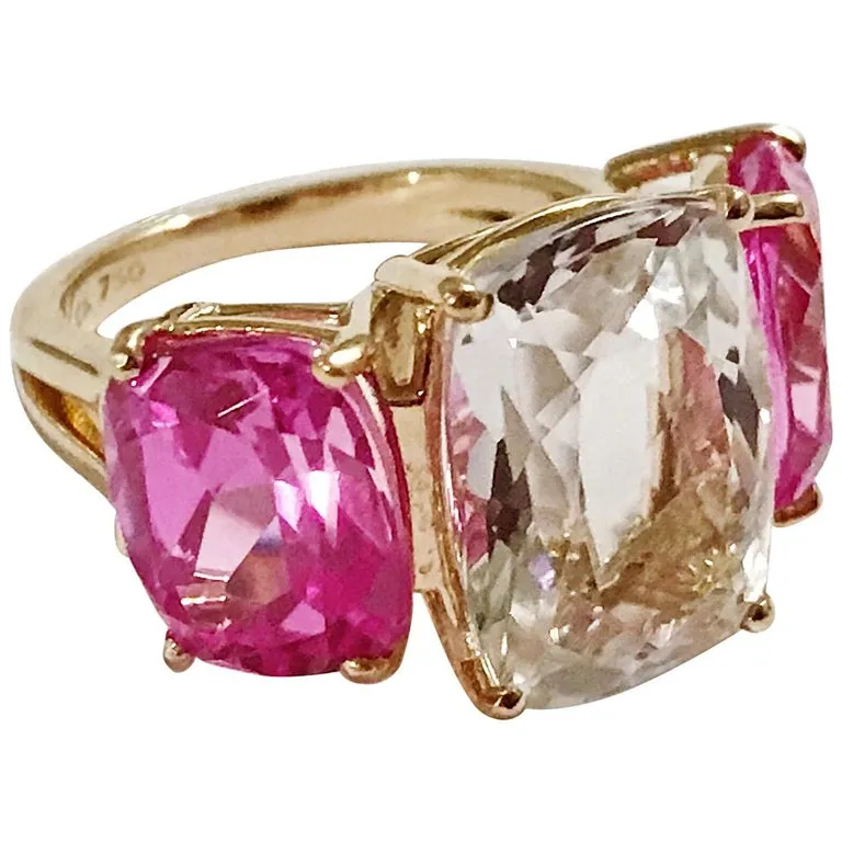 Elegant Three Stone Amethyst Ring with Gold Rope Twist Border