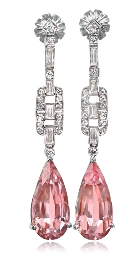 Elegant Three-Stone Drop Earring with Peridot, Pink Topaz, Baroque Pear and Diamonds